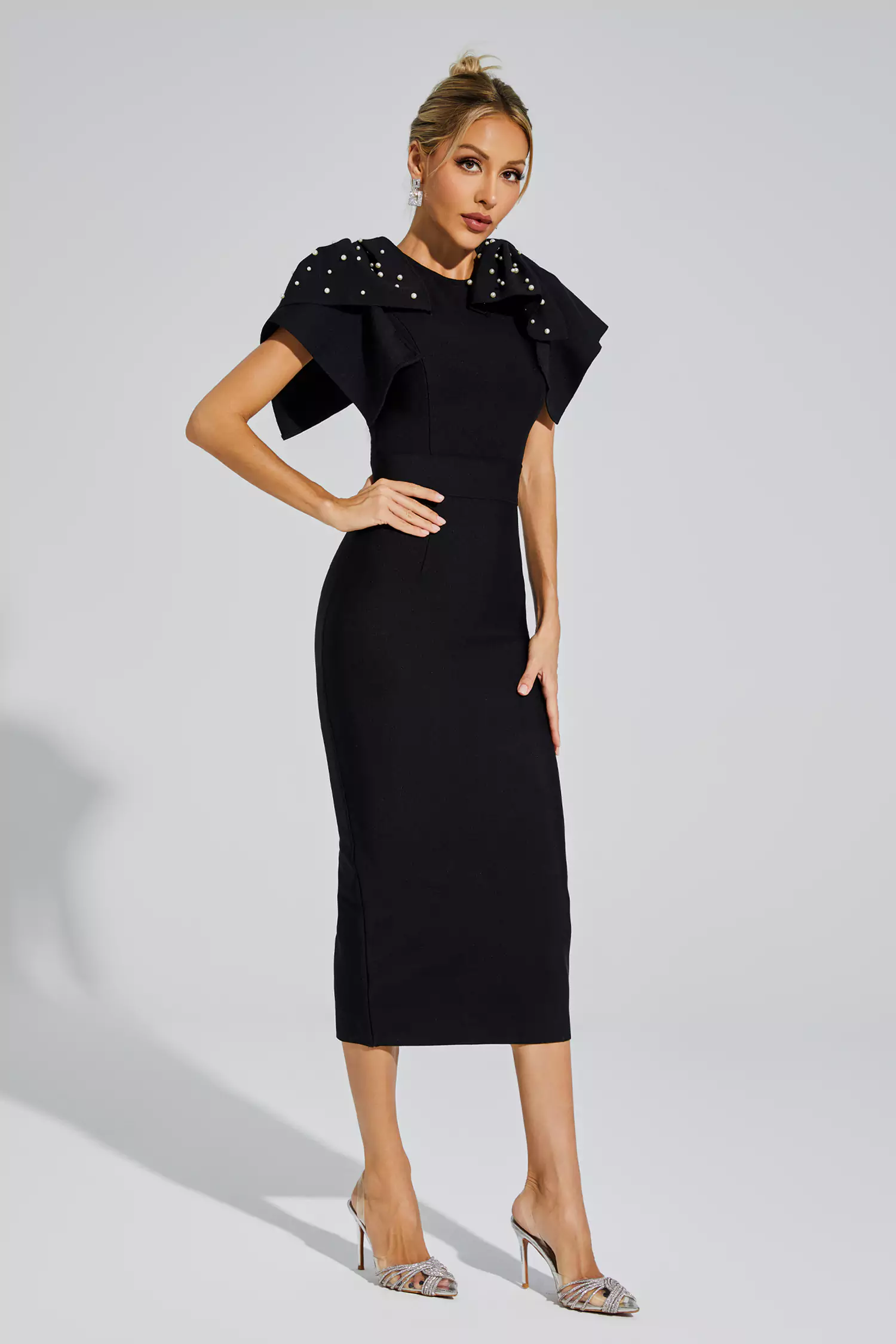 Kassidy Black Knitted Embellished Midi Dress-CATCHALL