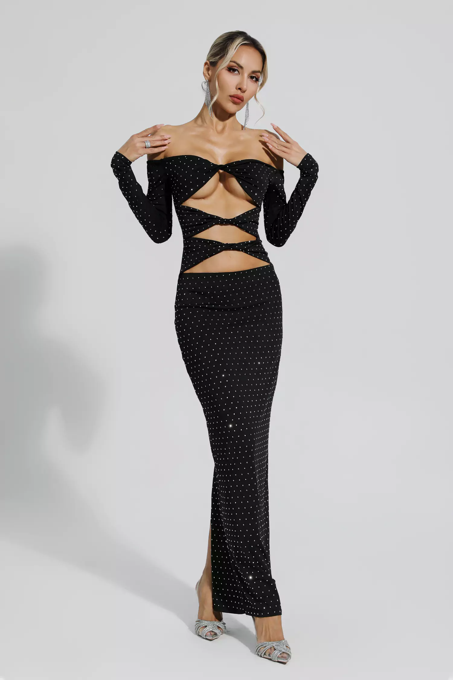 Kataleya Black Diamond Embellishment Cut Out Dress-CATCHALL