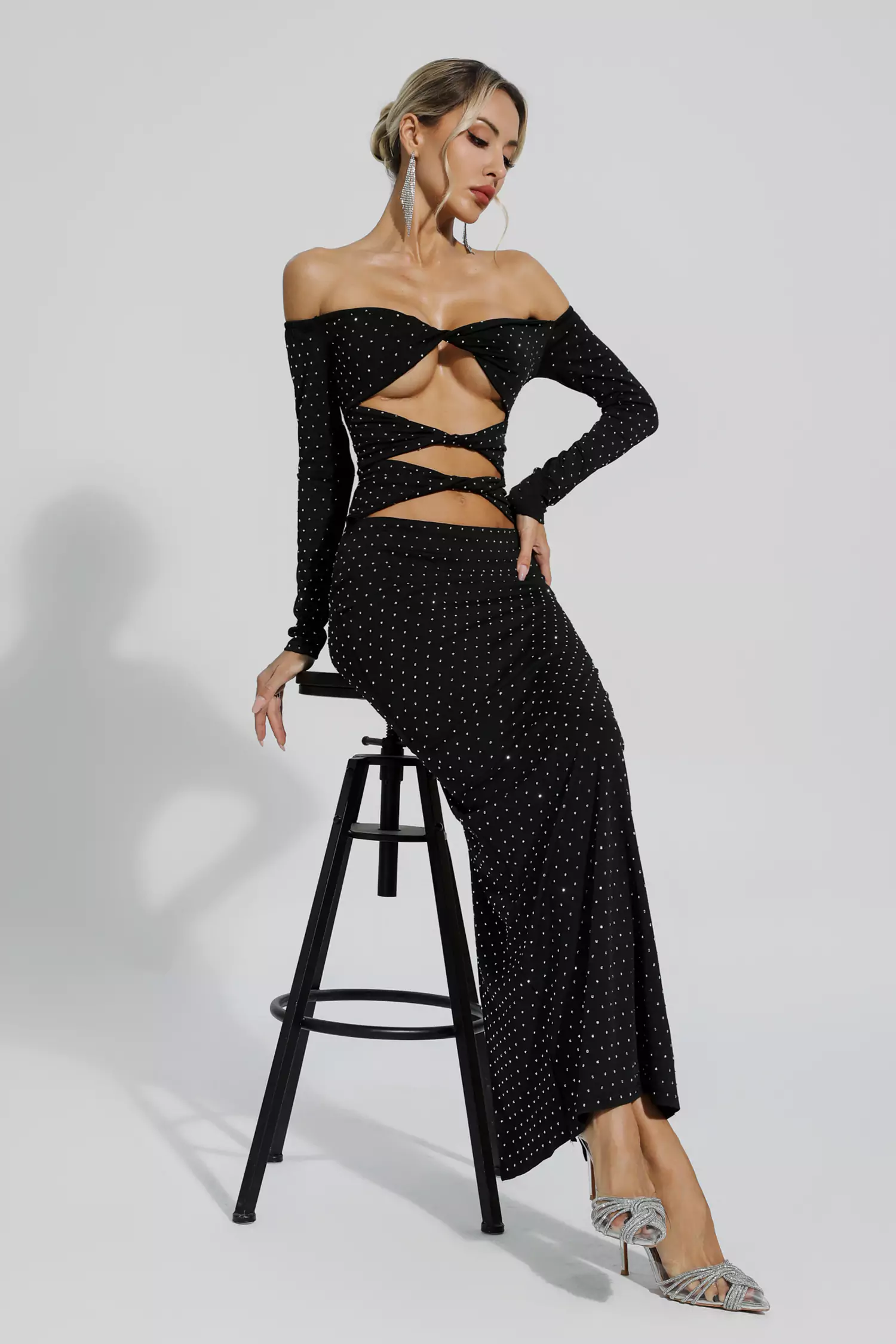 Kataleya Black Diamond Embellishment Cut Out Dress-CATCHALL