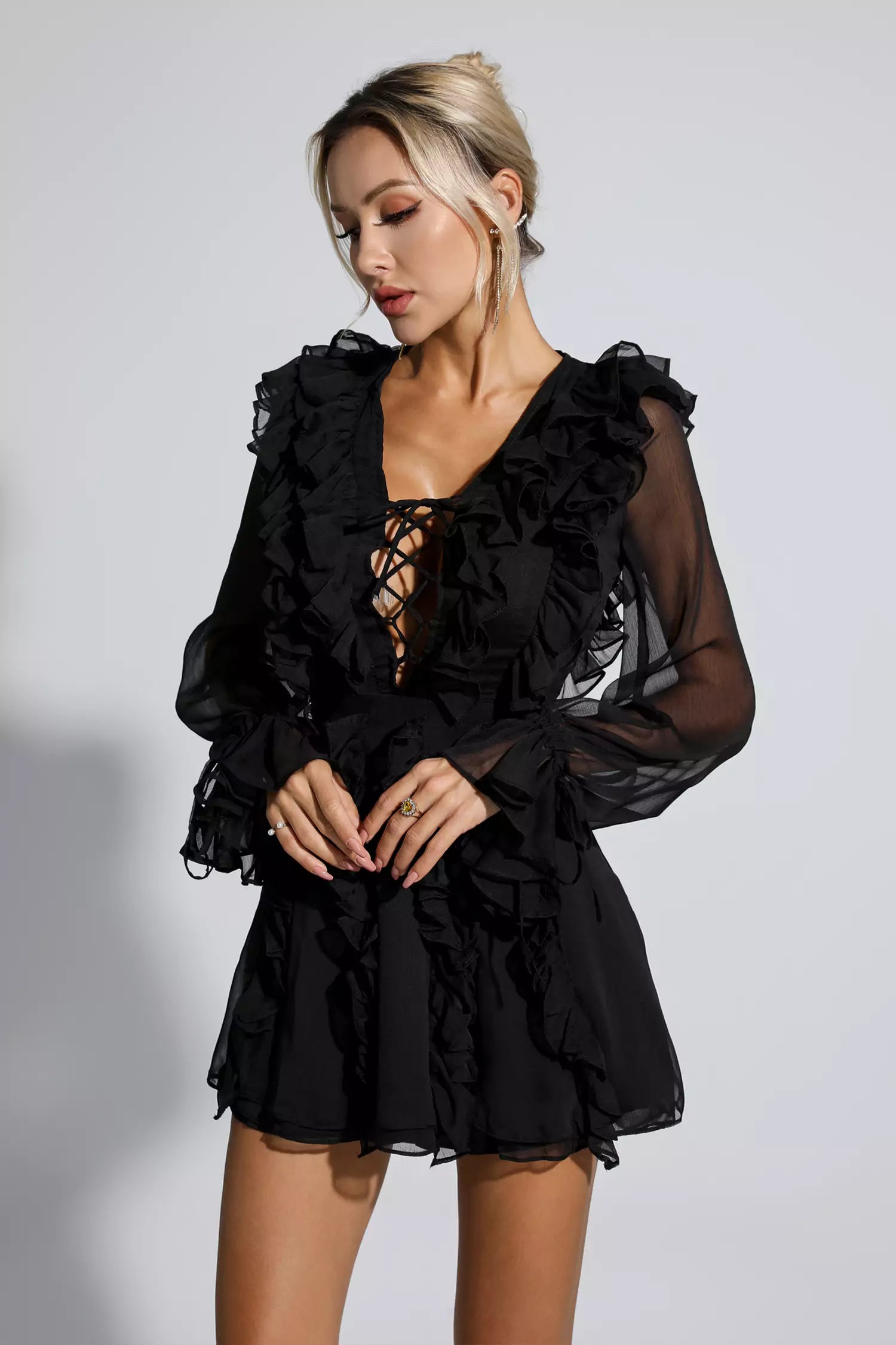 Black chiffon mini dress sale