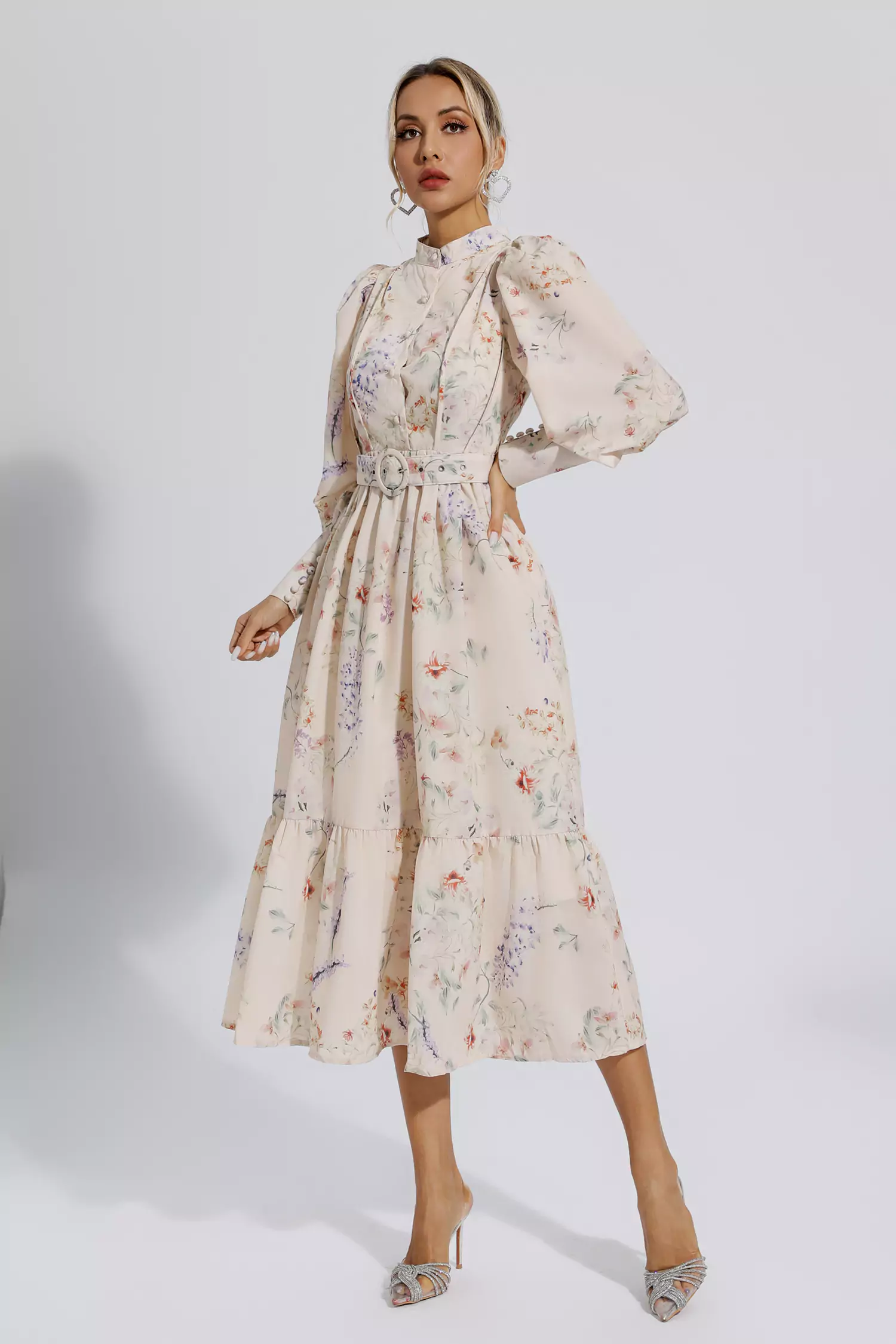 Katie Apricot Floral Long Sleeve Midi Dress
