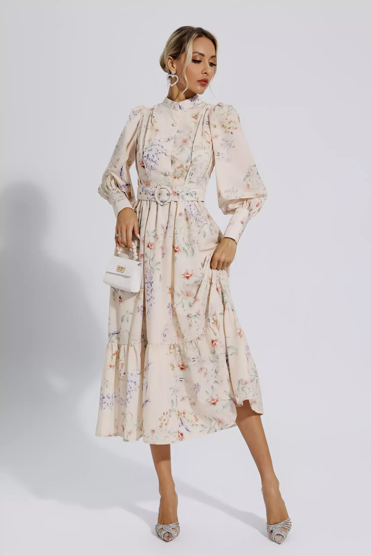 Katie Apricot Floral Long Sleeve Midi Dress