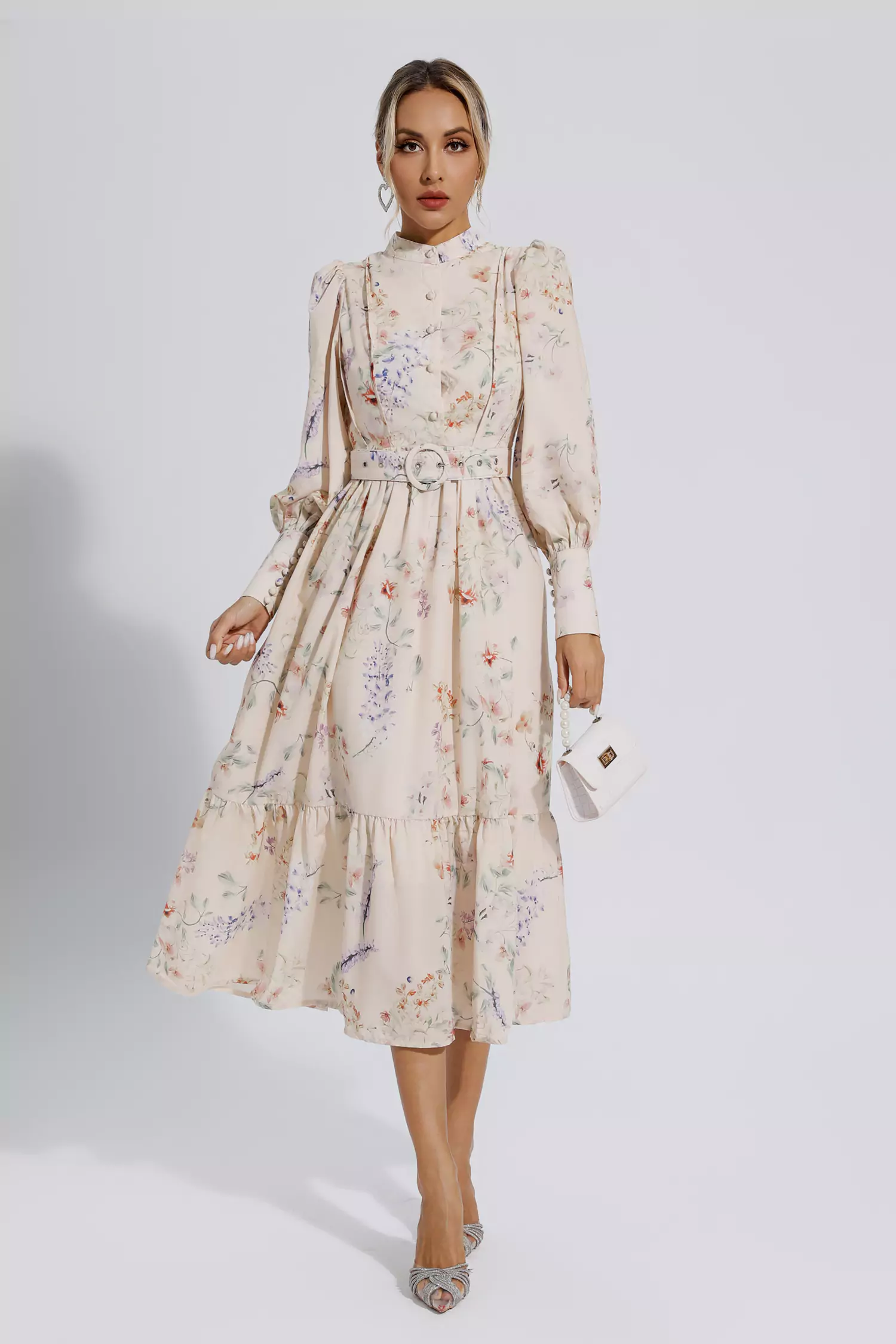 Katie Apricot Floral Long Sleeve Midi Dress