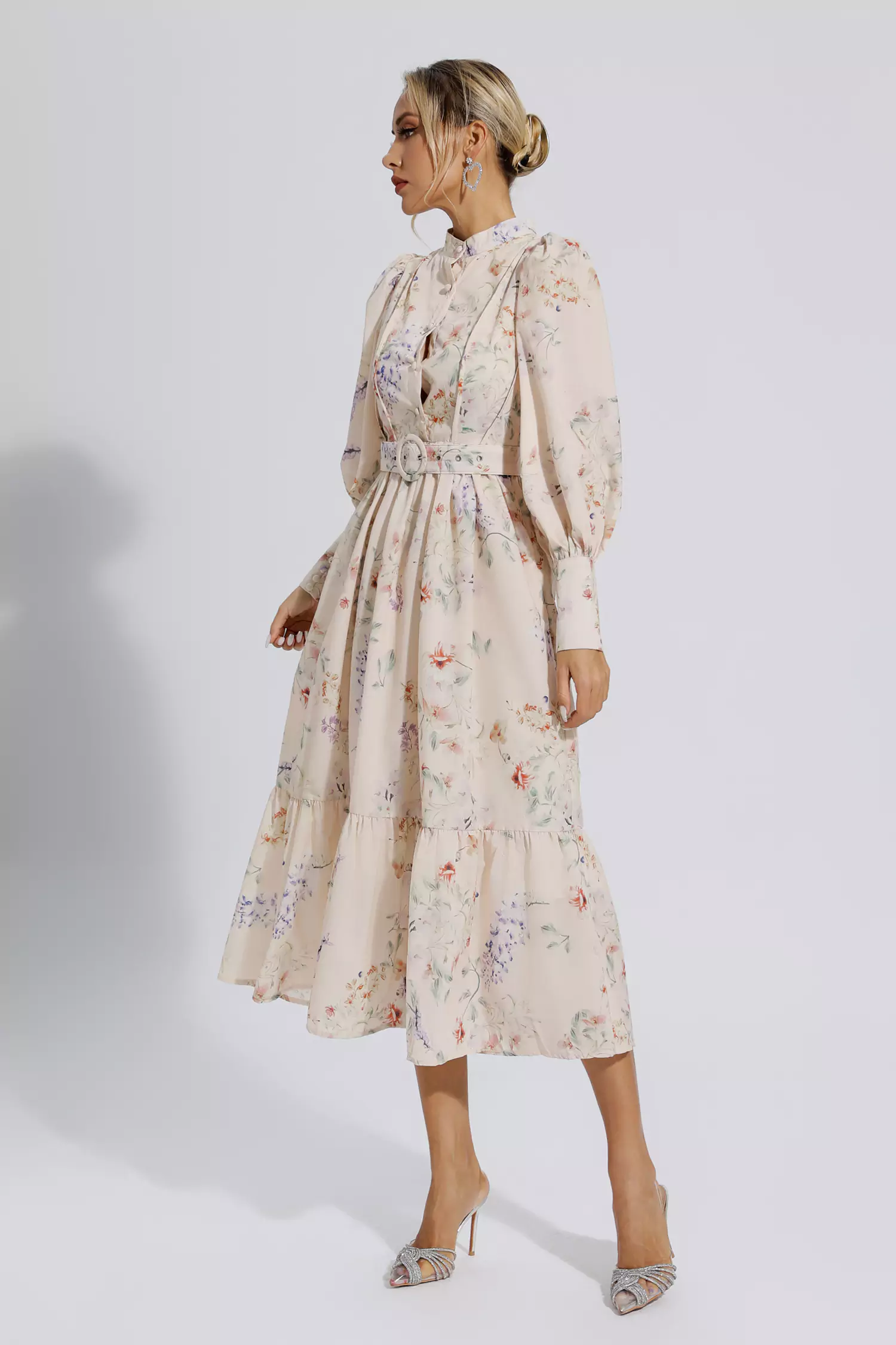 Katie Apricot Floral Long Sleeve Midi Dress-CATCHALL