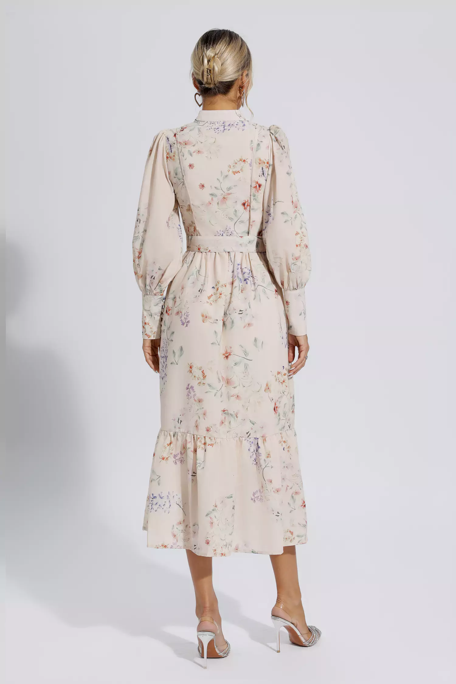 Katie Apricot Floral Long Sleeve Midi Dress