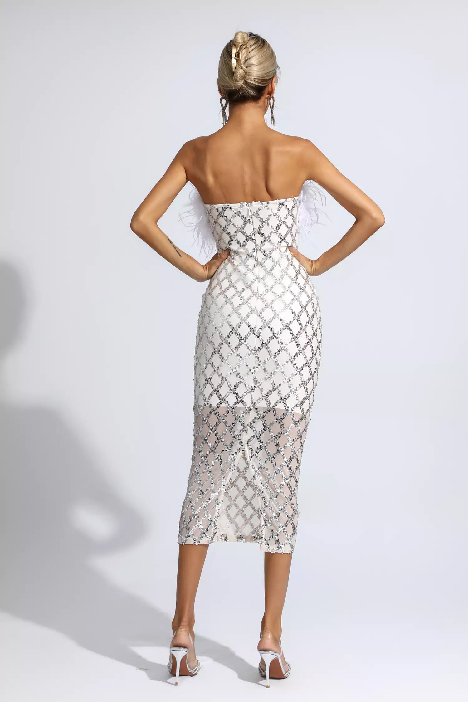 Kayleigh White Feather Sequin Midi Dress-CATCHALL