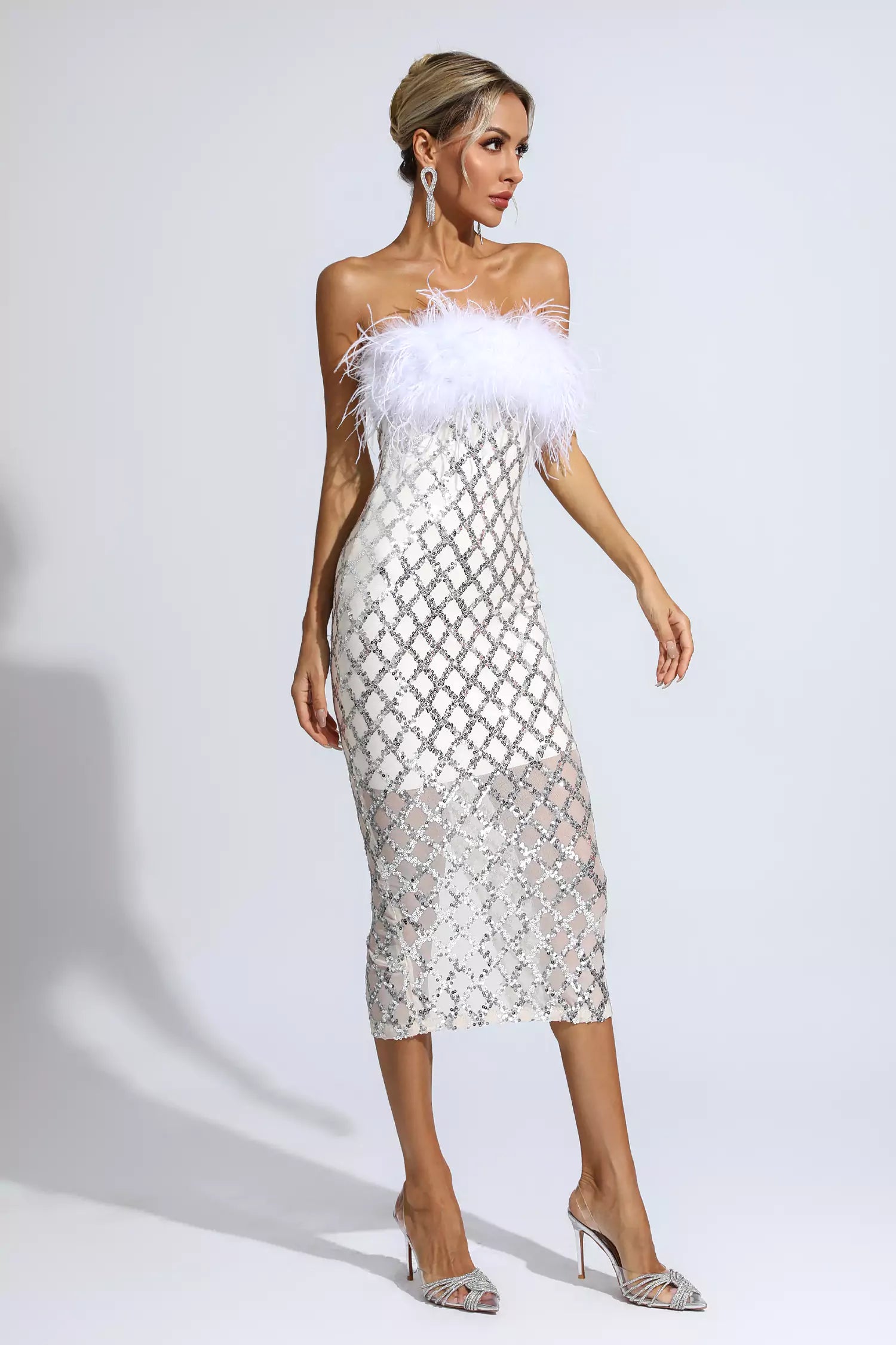 Kayleigh White Feather Sequin Midi Dress-CATCHALL