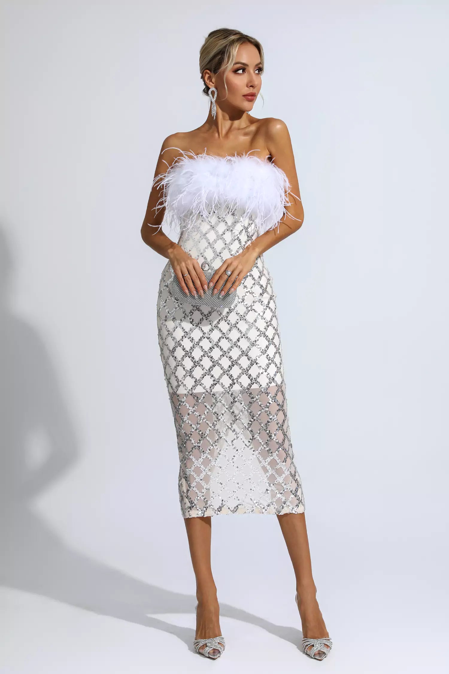 Kayleigh White Feather Sequin Midi Dress-CATCHALL