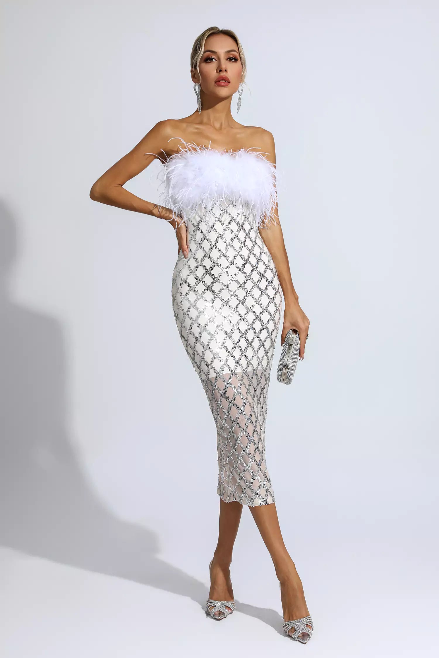 Kayleigh White Feather Sequin Midi Dress