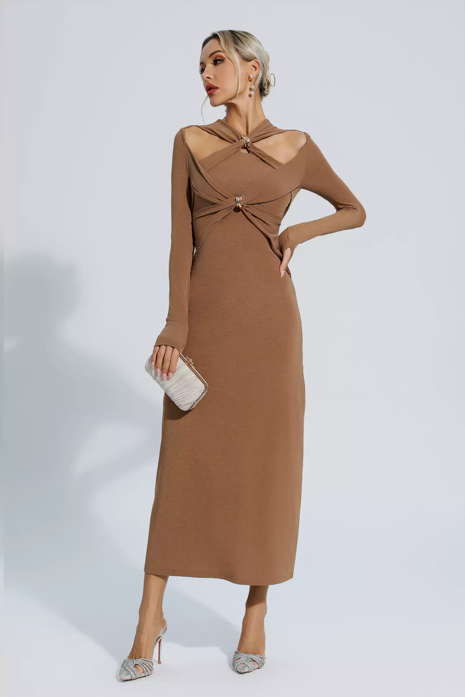 Kendra Brown Knit Long Sleeve Maxi Dress-CATCHALL