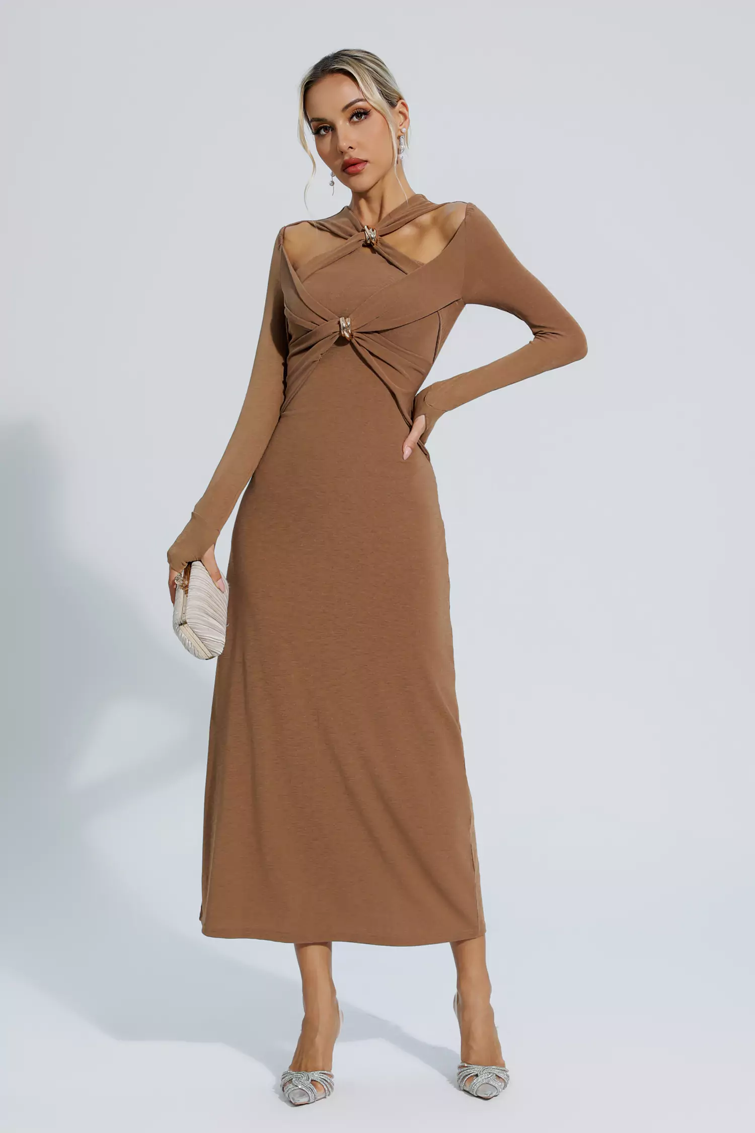 Kendra Brown Knit Long Sleeve Maxi Dress-CATCHALL