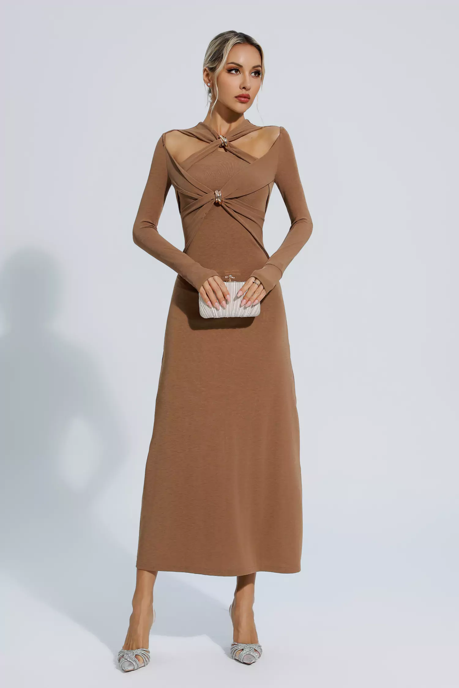 Kendra Brown Knit Long Sleeve Maxi Dress