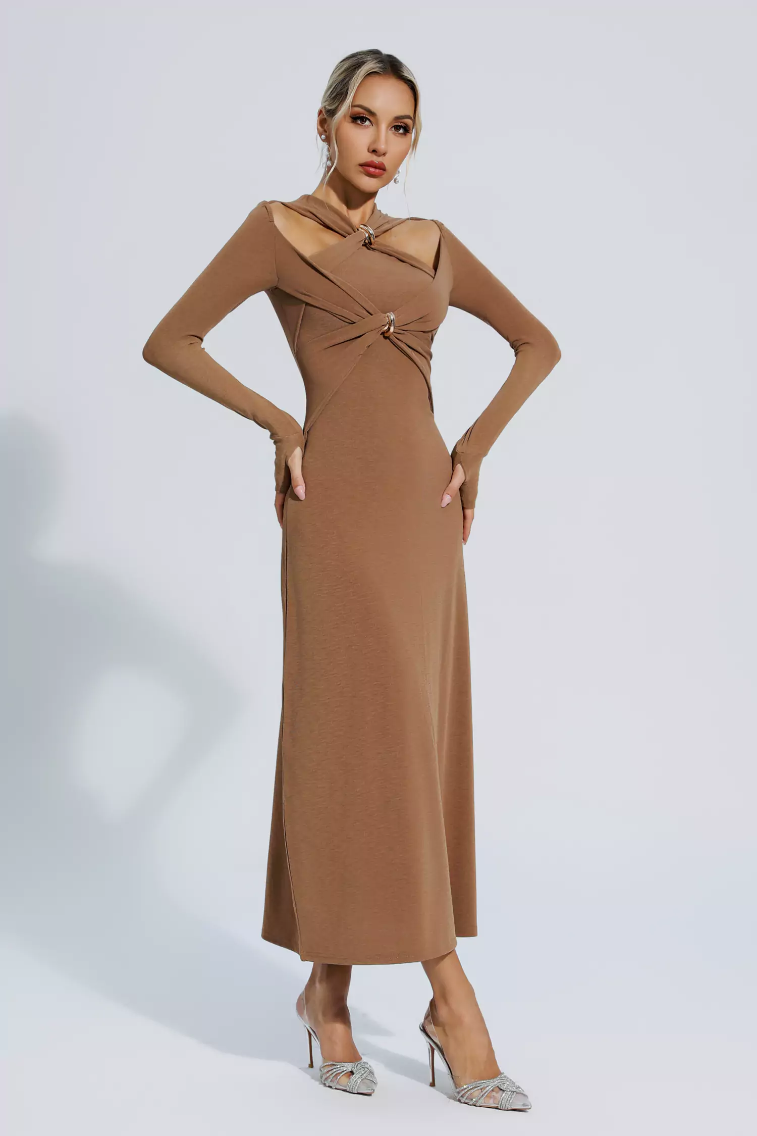 Kendra Brown Knit Long Sleeve Maxi Dress-CATCHALL