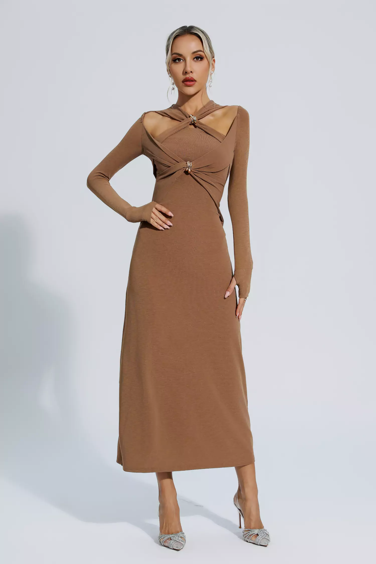 Kendra Brown Knit Long Sleeve Maxi Dress-CATCHALL