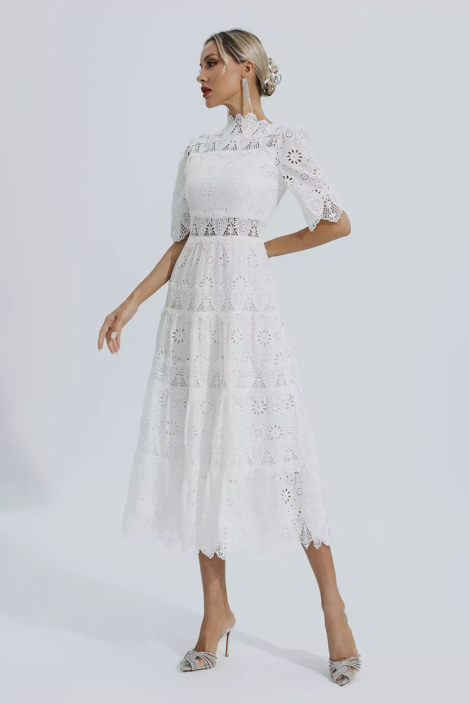 Kenna White Hollow Half Sleeve Midi Dress