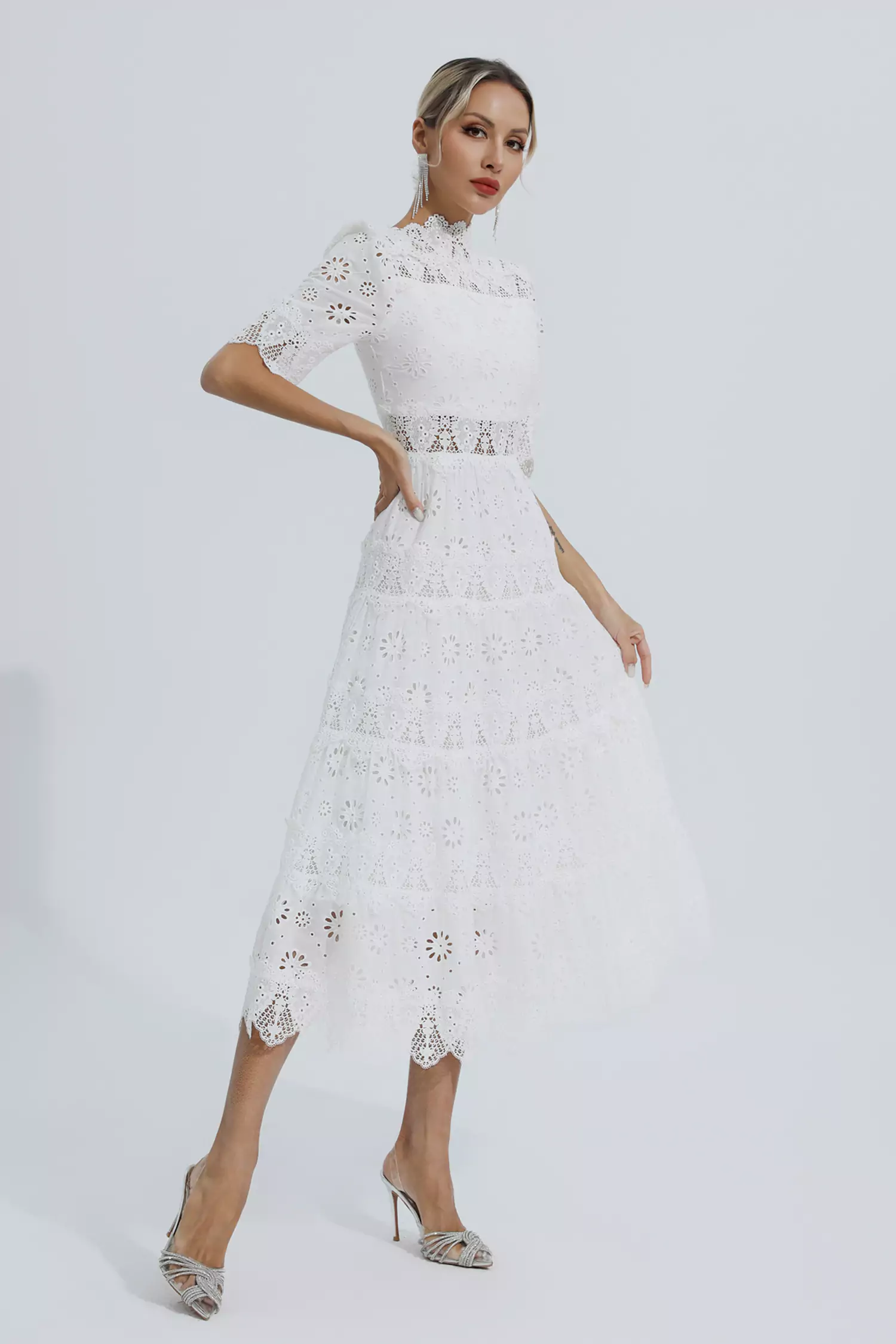 Kenna White Hollow Half Sleeve Midi Dress-CATCHALL