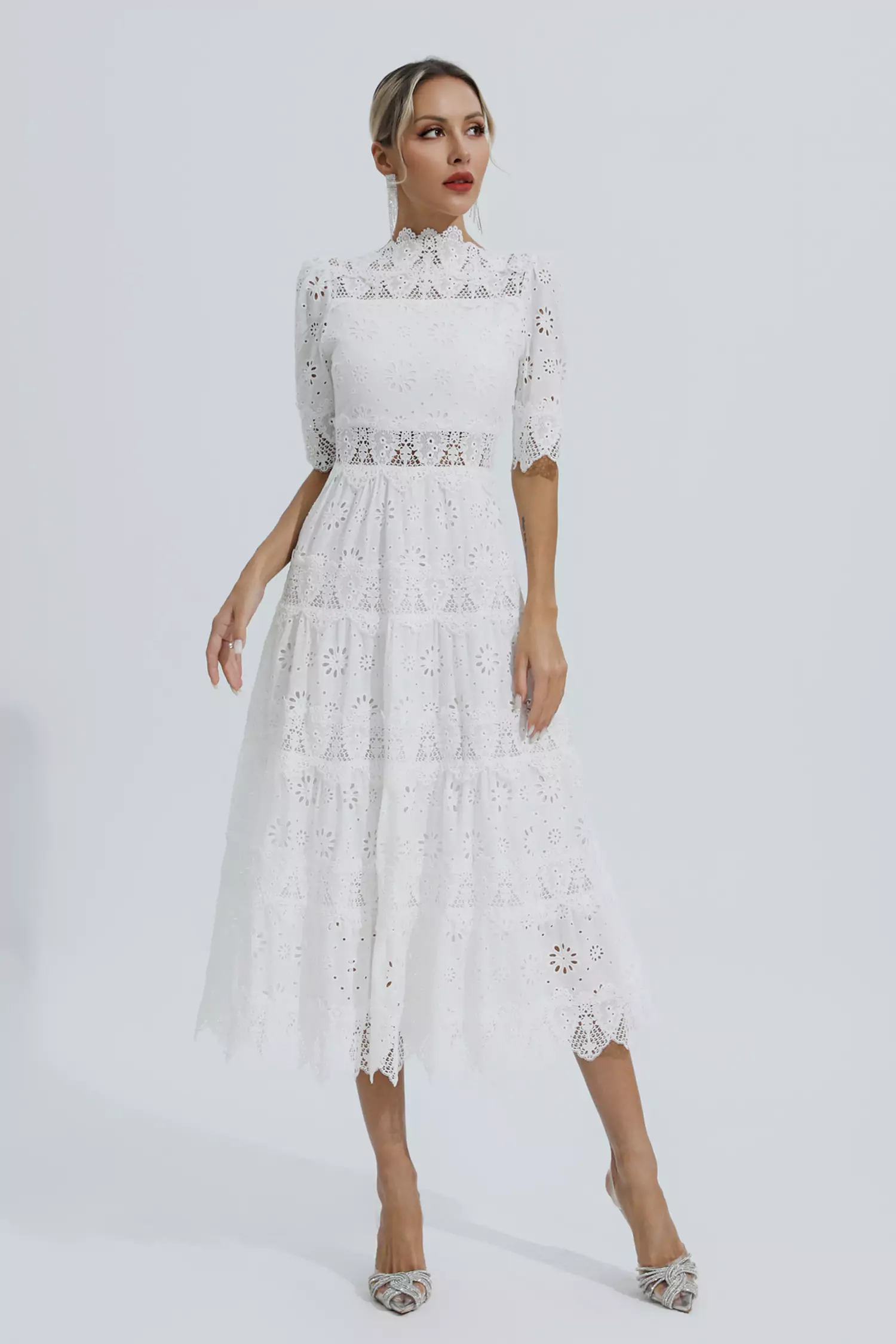 Kenna White Hollow Half Sleeve Midi Dress-CATCHALL