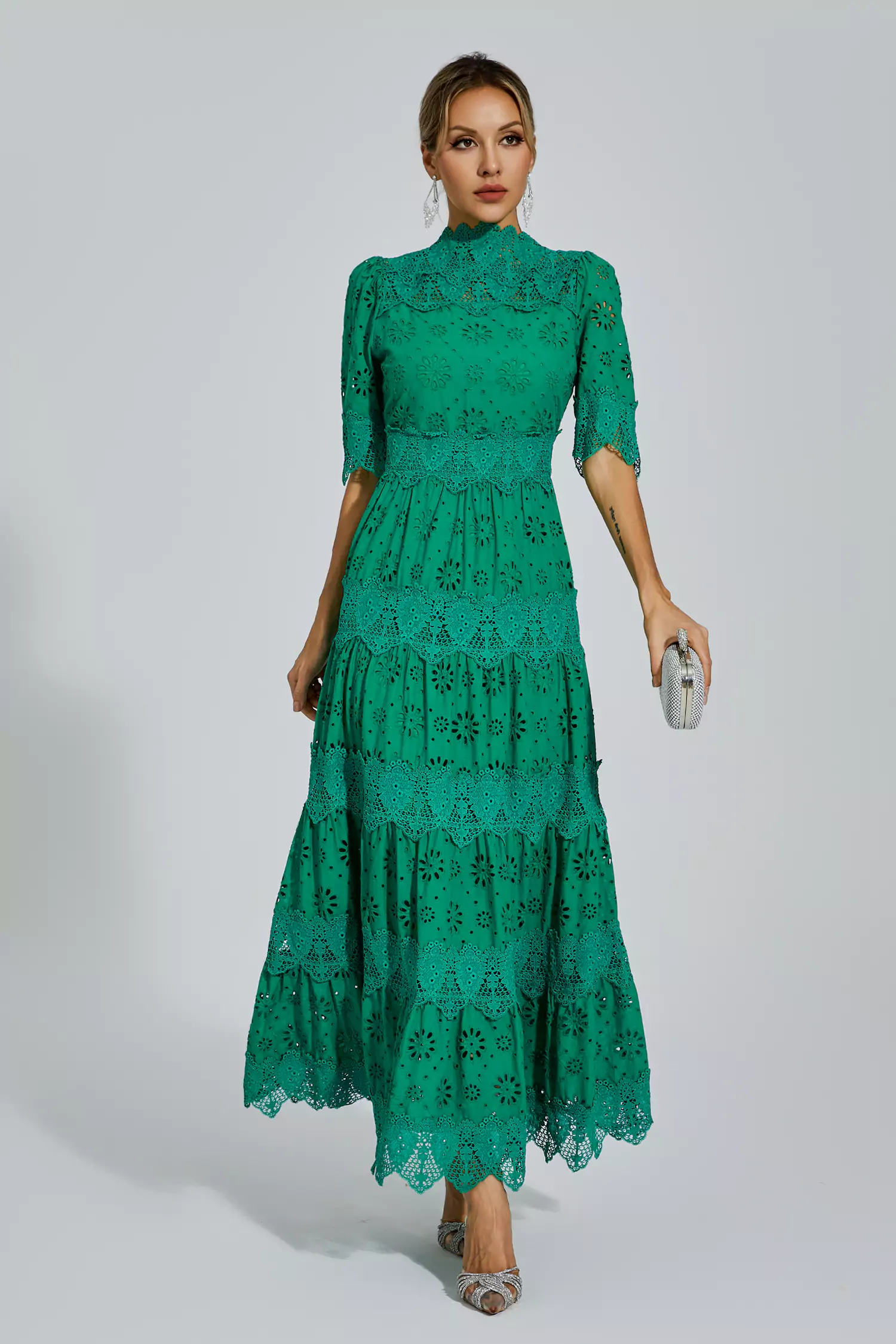 Kenna Green Hollow Half Sleeve Midi Dress
