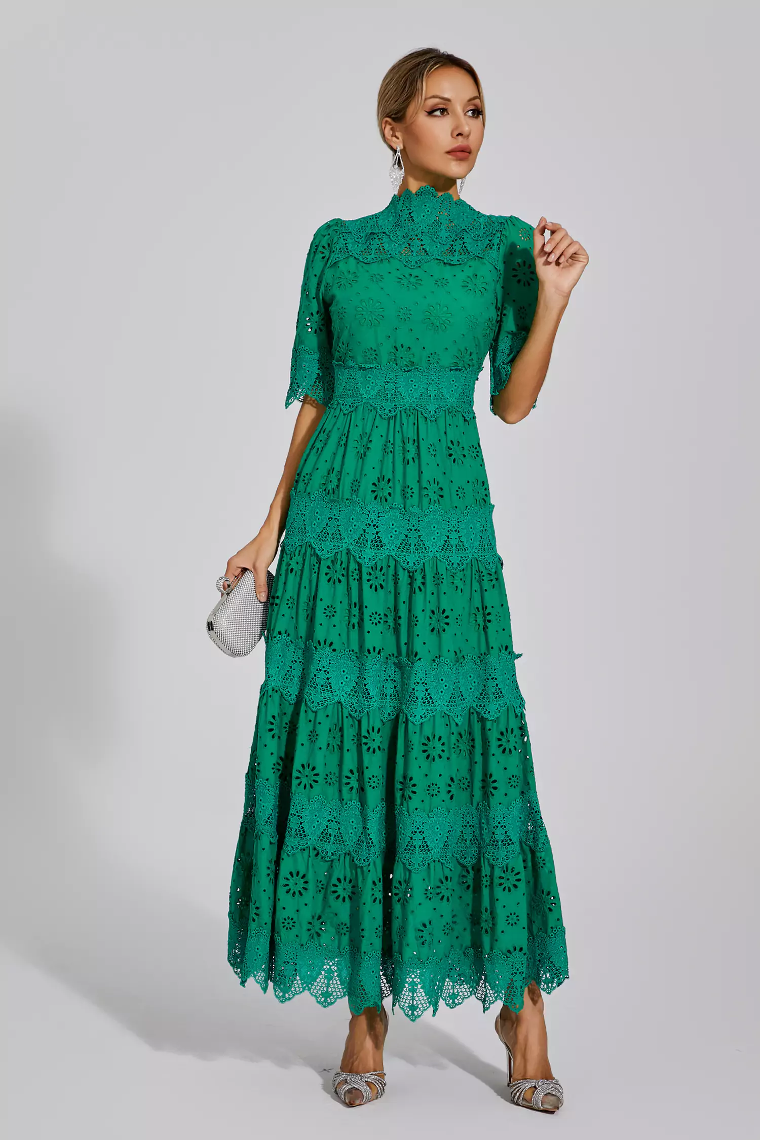 Kenna Green Hollow Half Sleeve Midi Dress-CATCHALL