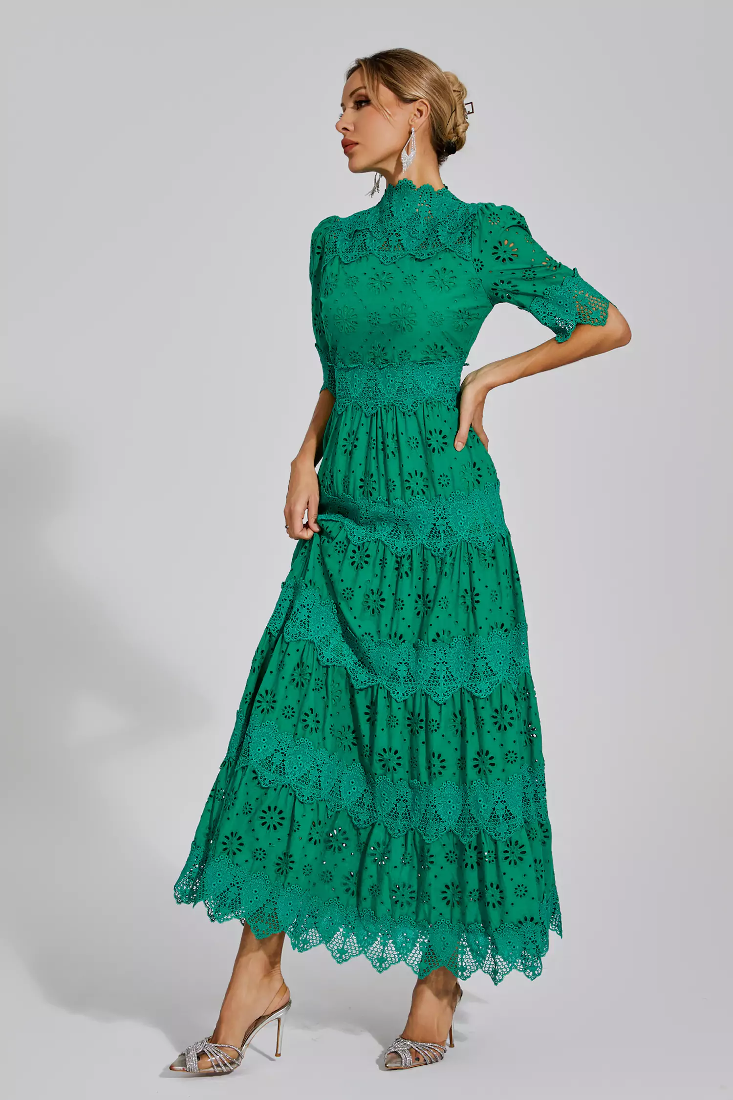 Kenna Green Hollow Half Sleeve Midi Dress-CATCHALL