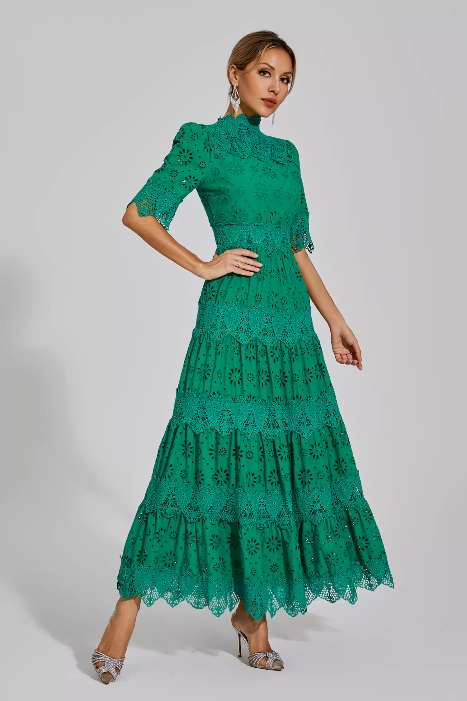 Kenna Green Hollow Half Sleeve Midi Dress-CATCHALL