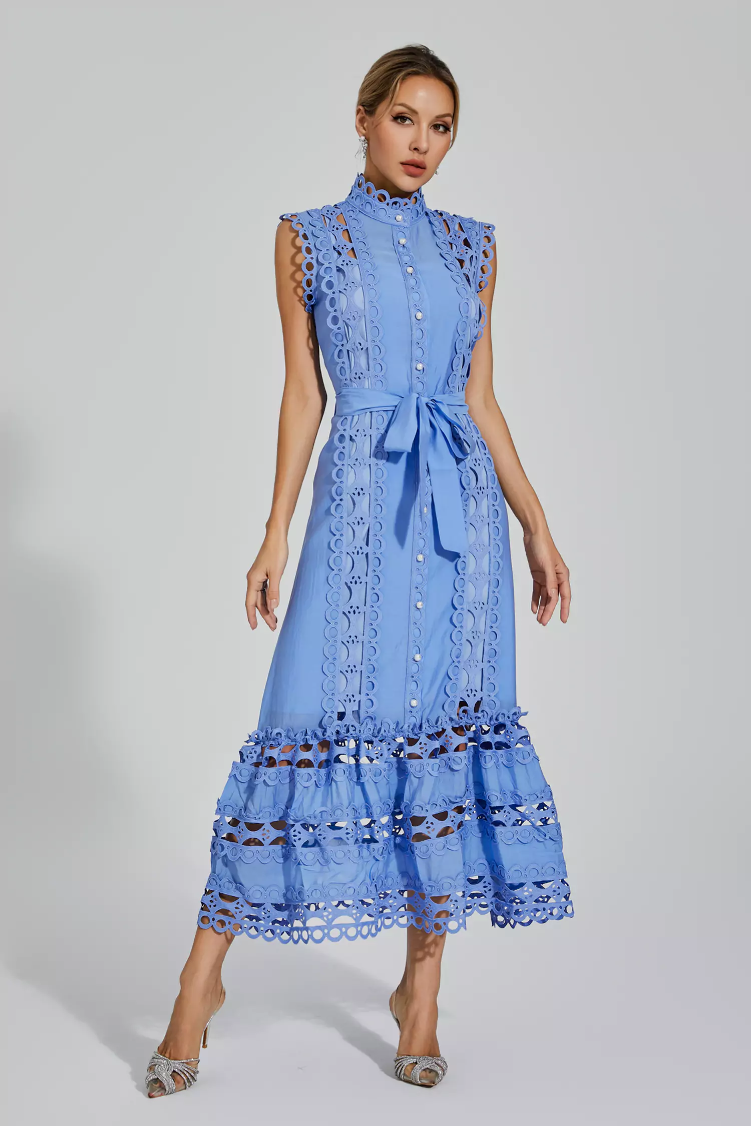 Kennedi Blue Sleeveless Hollow Maxi Dress-CATCHALL