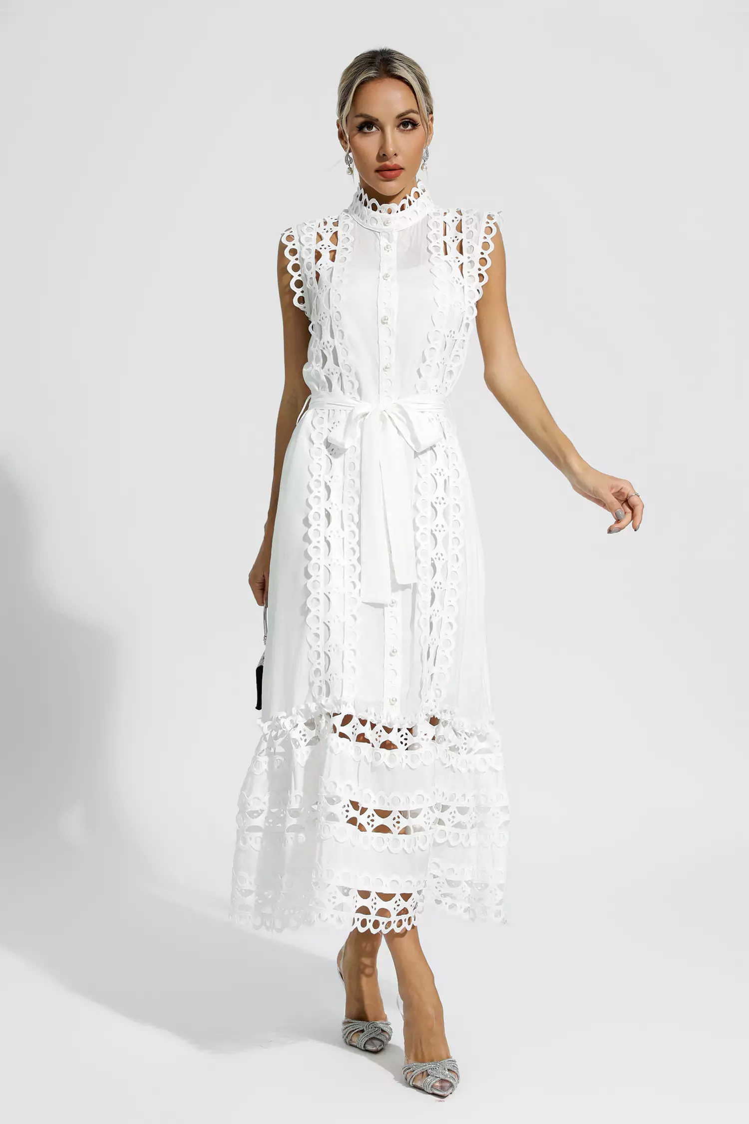 Kennedi White Sleeveless Hollow Maxi Dress-CATCHALL
