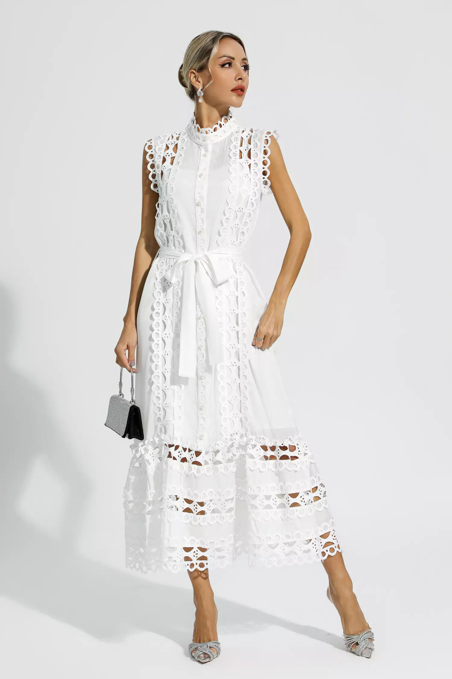 Kennedi White Sleeveless Hollow Maxi Dress-CATCHALL