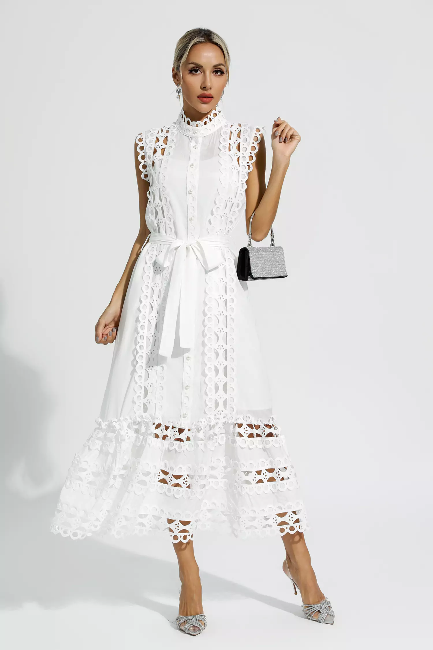 Kennedi White Sleeveless Hollow Maxi Dress-CATCHALL
