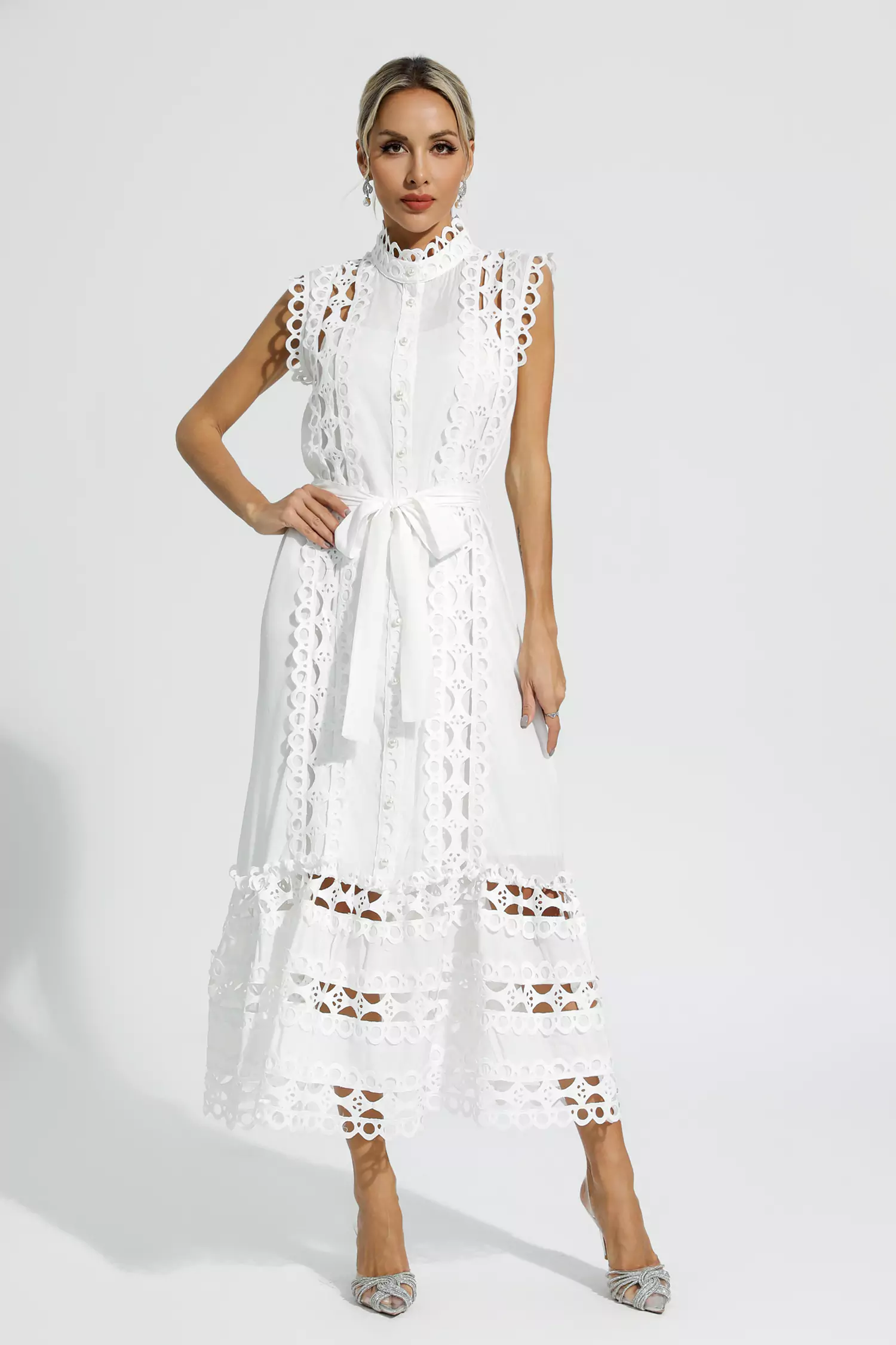 Kennedi White Sleeveless Hollow Maxi Dress-CATCHALL