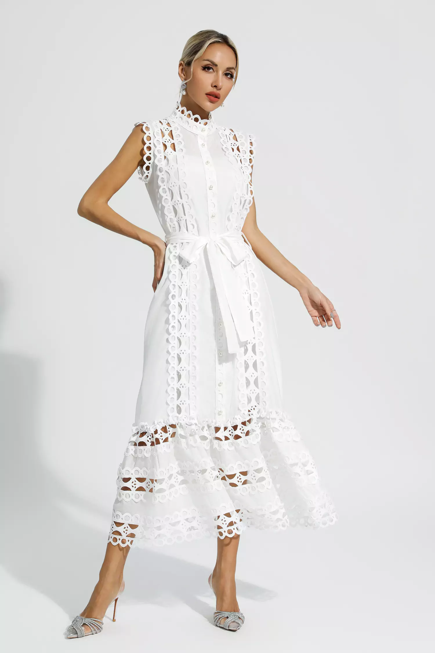 Kennedi White Sleeveless Hollow Maxi Dress-CATCHALL