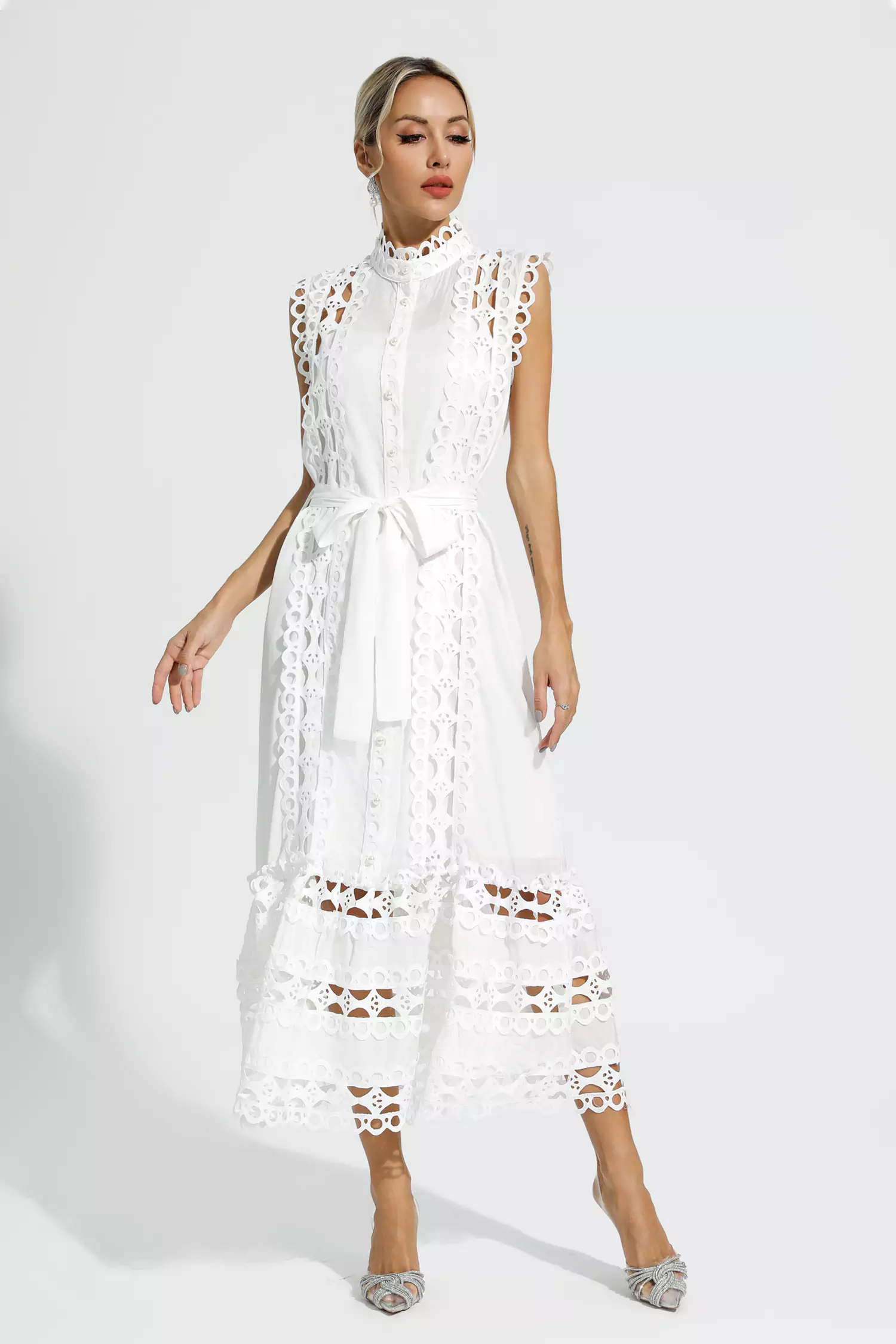 Kennedi White Sleeveless Hollow Maxi Dress-CATCHALL