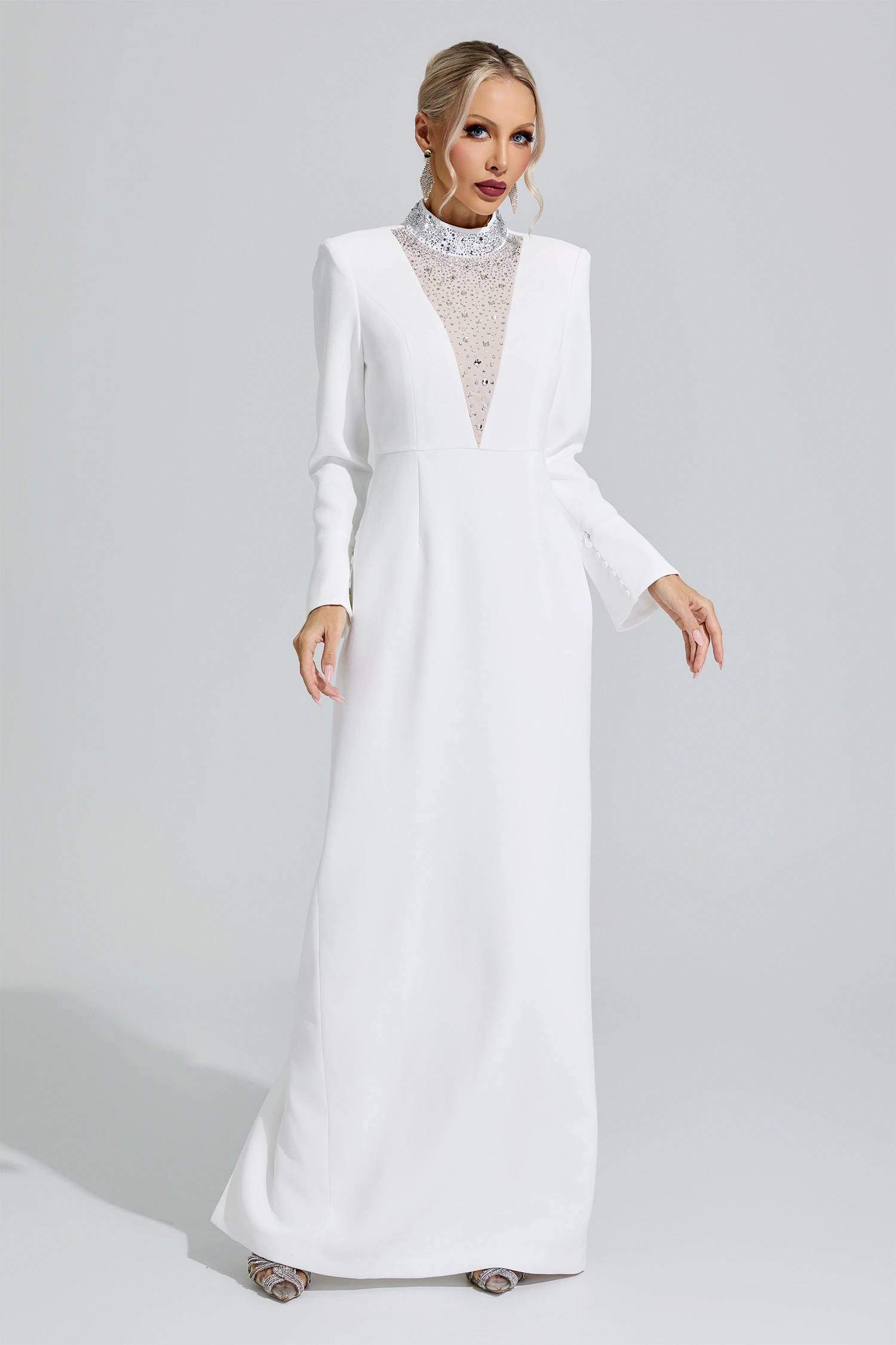 Keynes White Luxury Rhinestone Evening Gown