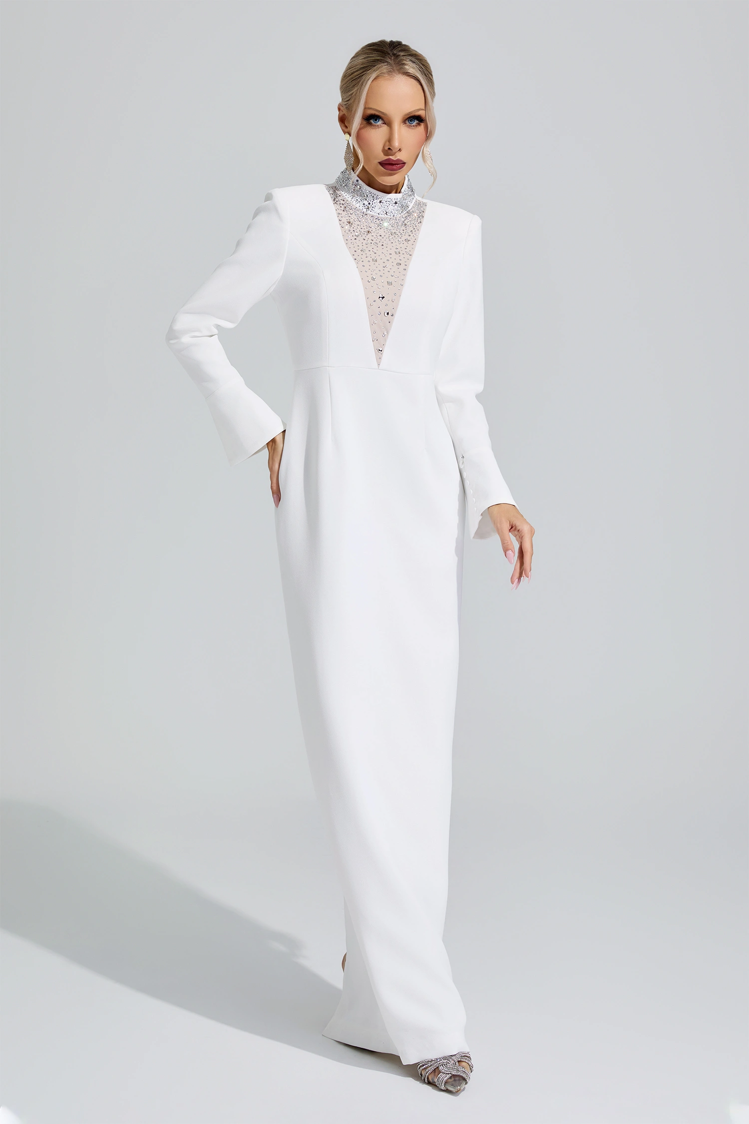 Keynes White Luxury Rhinestone Evening Gown