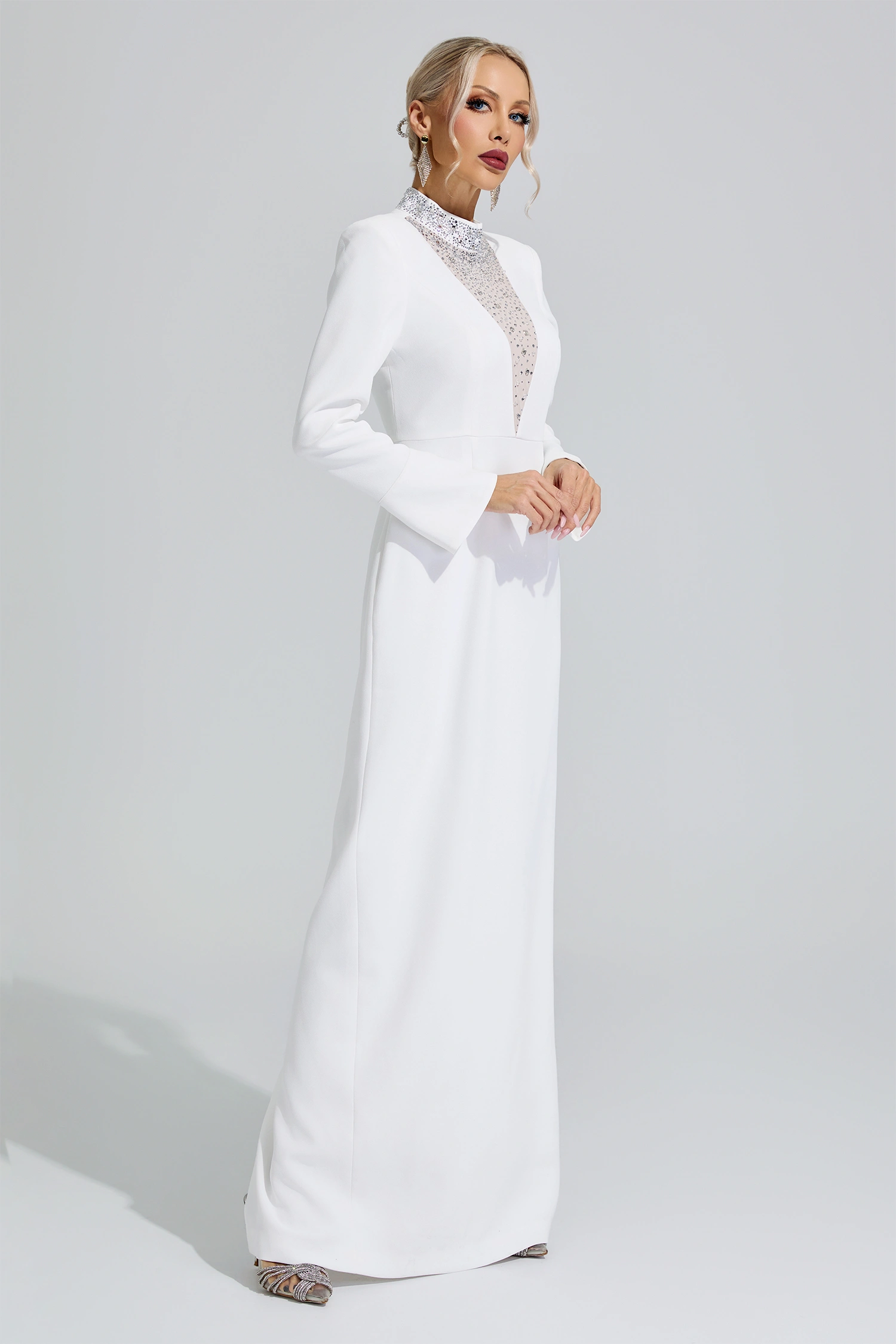 Keynes White Luxury Rhinestone Evening Gown