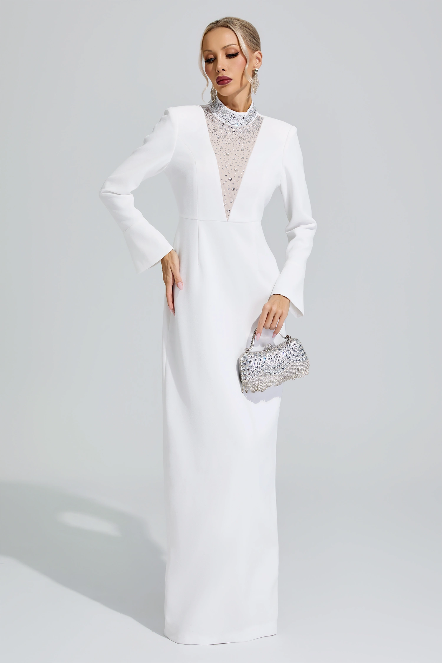 Keynes White Luxury Rhinestone Evening Gown