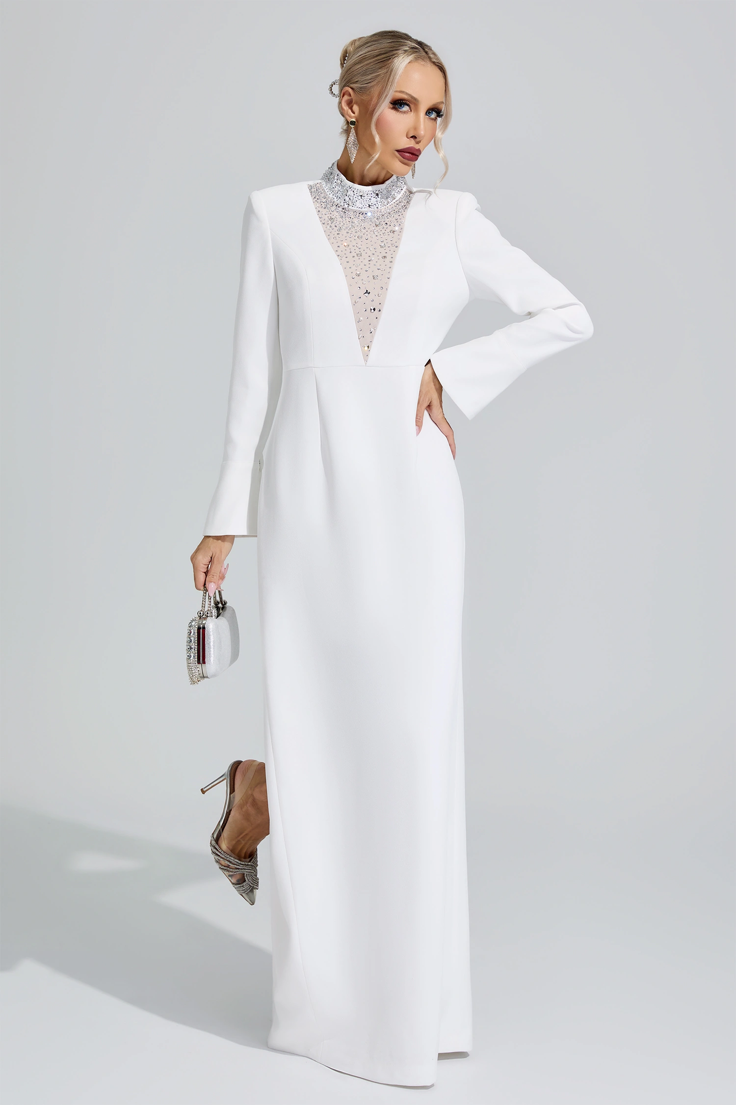 Keynes White Luxury Rhinestone Evening Gown