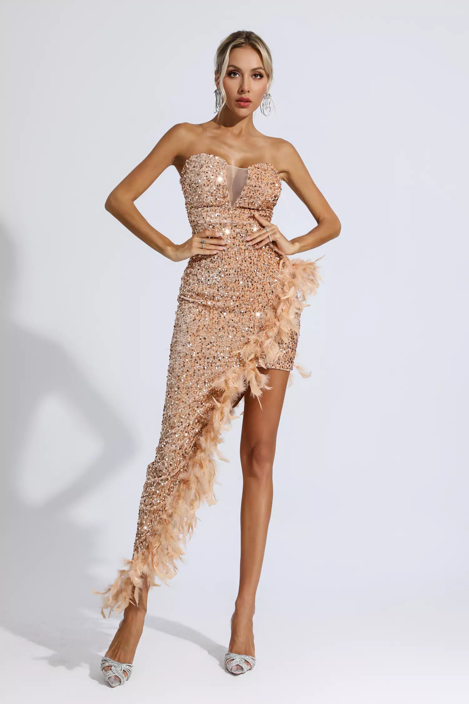 Kira Champagne Sequin Feather Dress