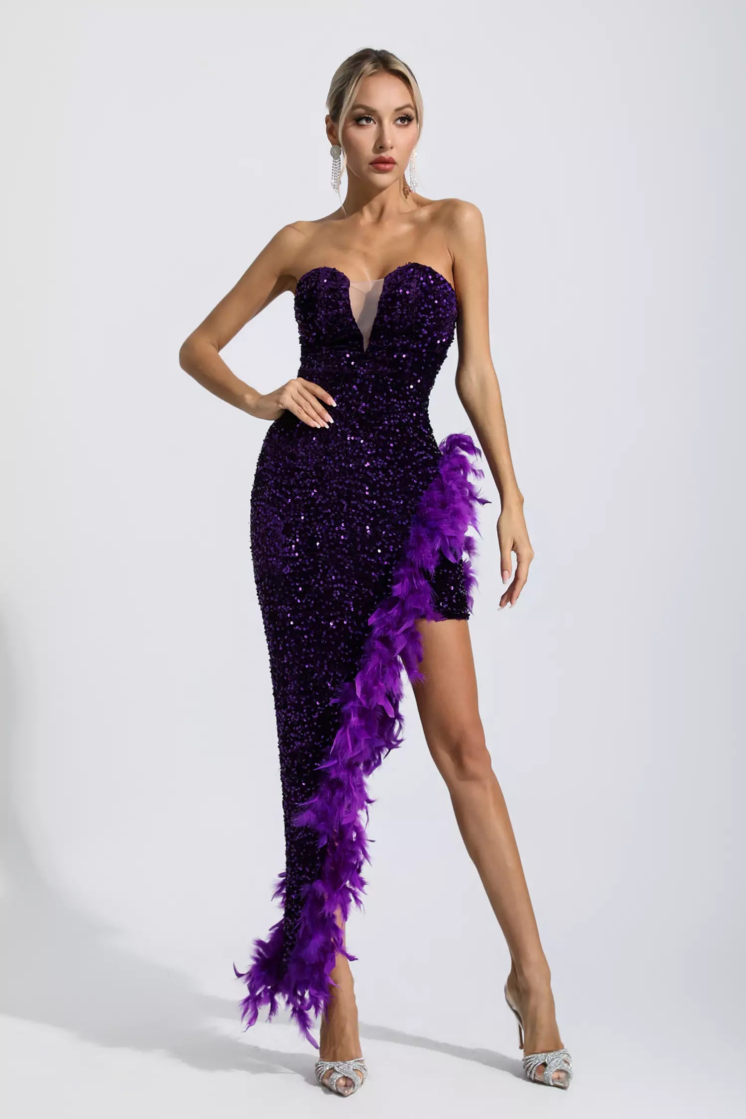 Kira Purple Sequin Feather Dress