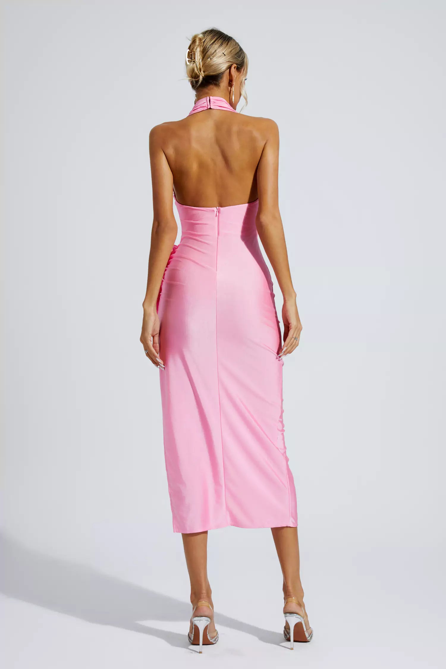 Kora Pink Halter Floral Midi Dress-CATCHALL