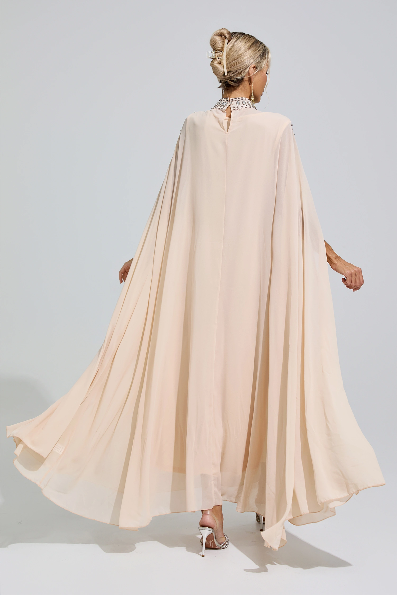 Kovalevskaya  Apricot Rhinestone Hooded Maxi Dress