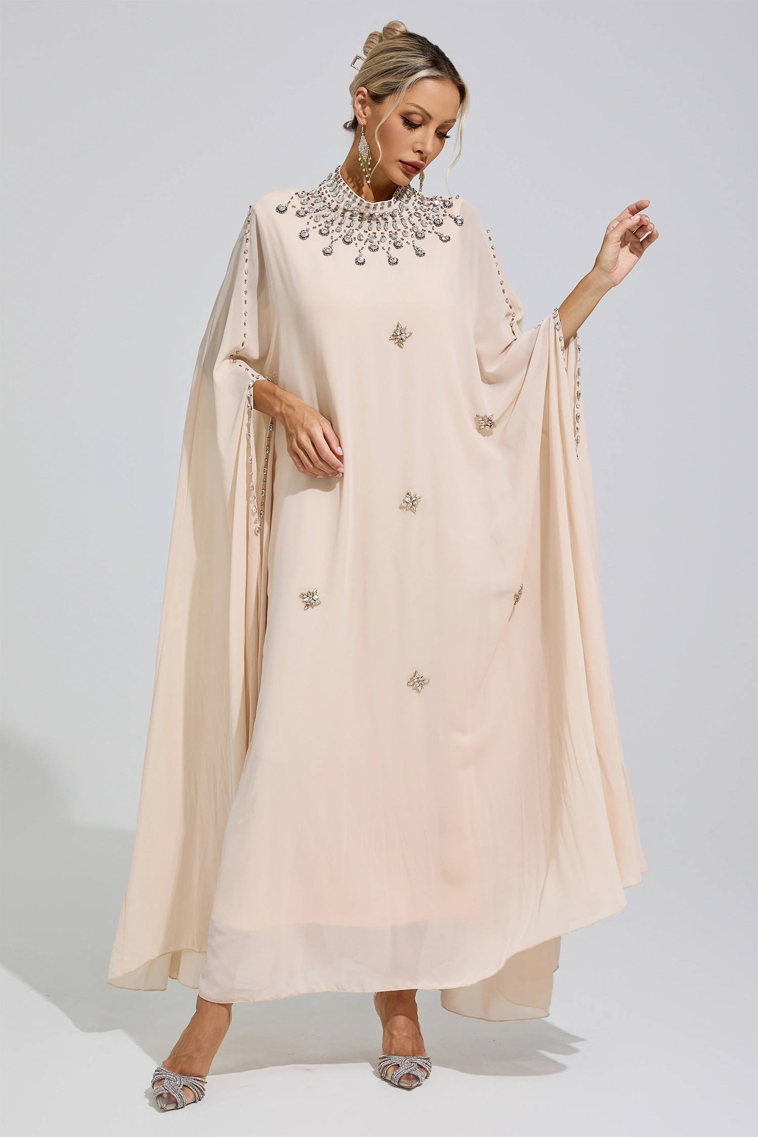 Kovalevskaya  Apricot Rhinestone Hooded Maxi Dress