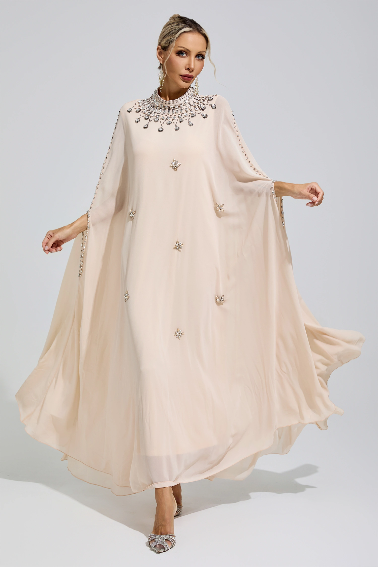 Kovalevskaya  Apricot Rhinestone Hooded Maxi Dress