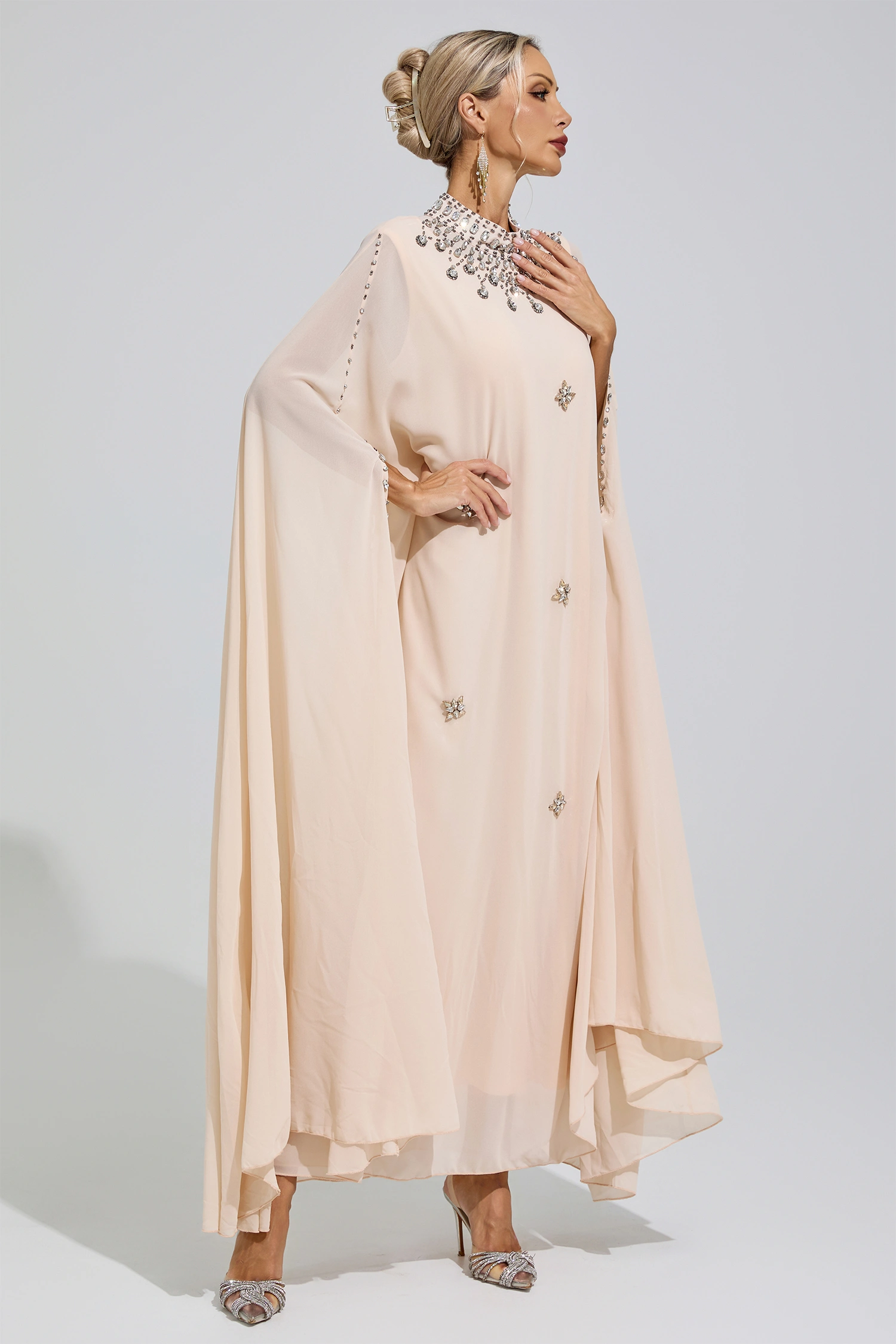 Kovalevskaya  Apricot Rhinestone Hooded Maxi Dress