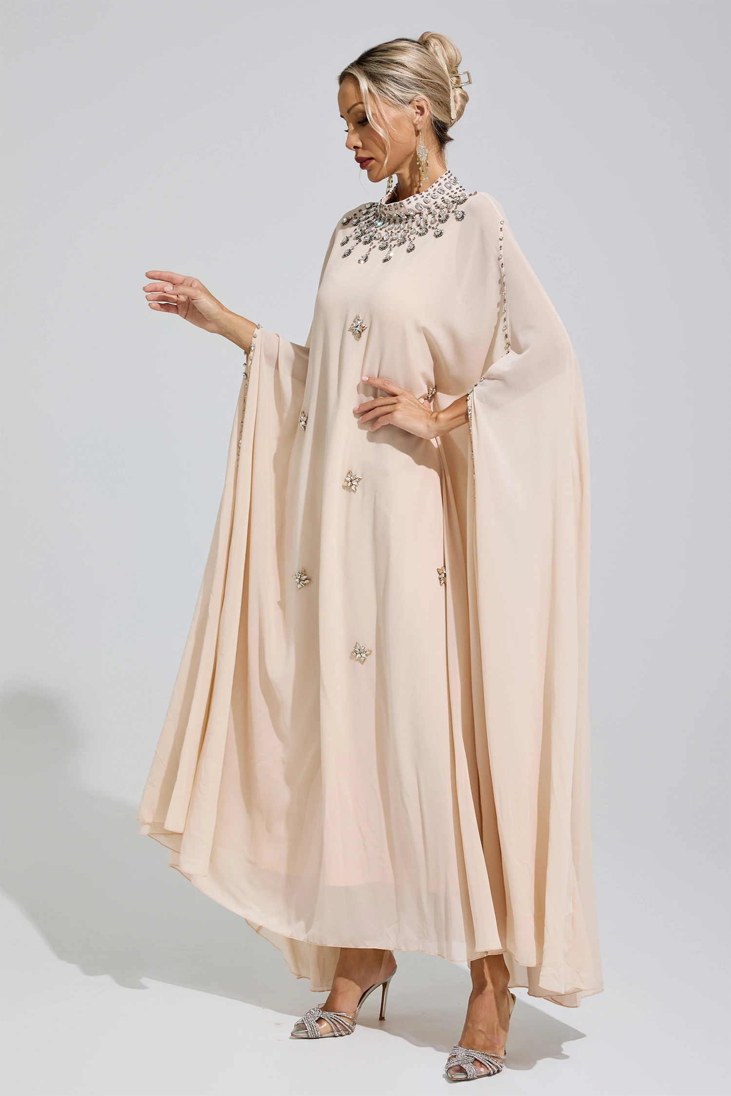 Kovalevskaya  Apricot Rhinestone Hooded Maxi Dress