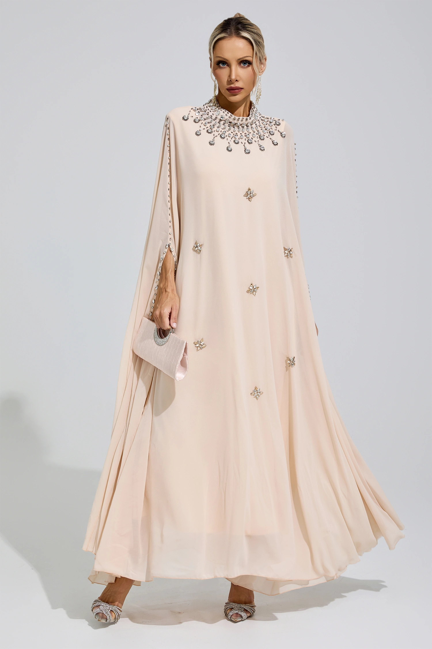 Kovalevskaya  Apricot Rhinestone Hooded Maxi Dress