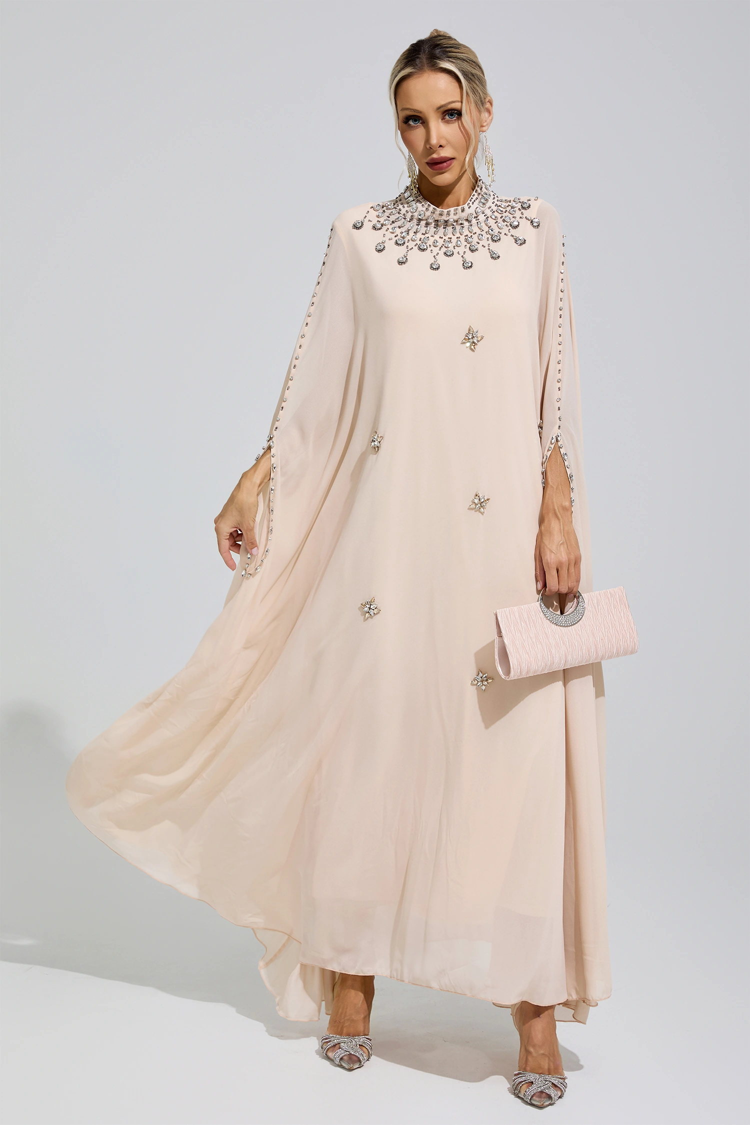 Kovalevskaya  Apricot Rhinestone Hooded Maxi Dress