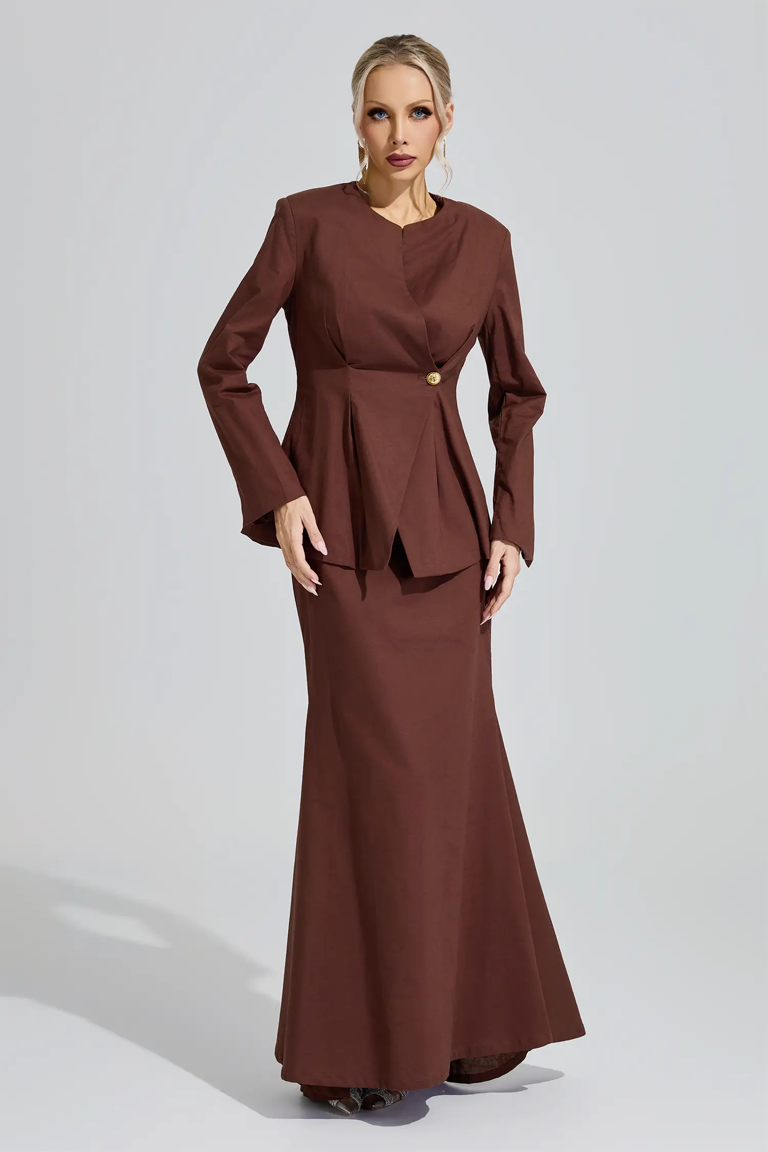 Lakshmi Brown Elegant Blazer Mermaid Set