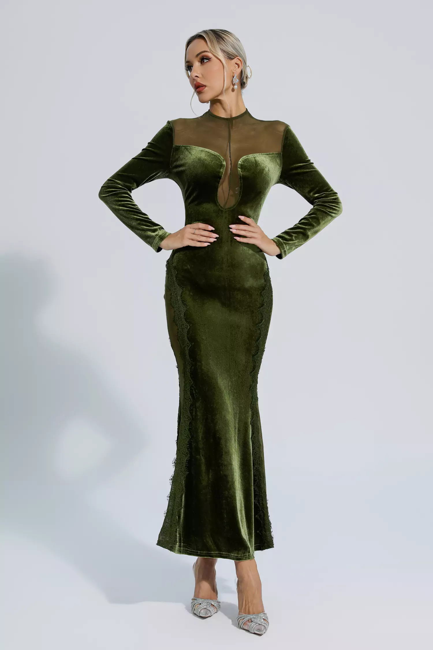 Laurel Green Mesh Long sleeve Maxi Dress