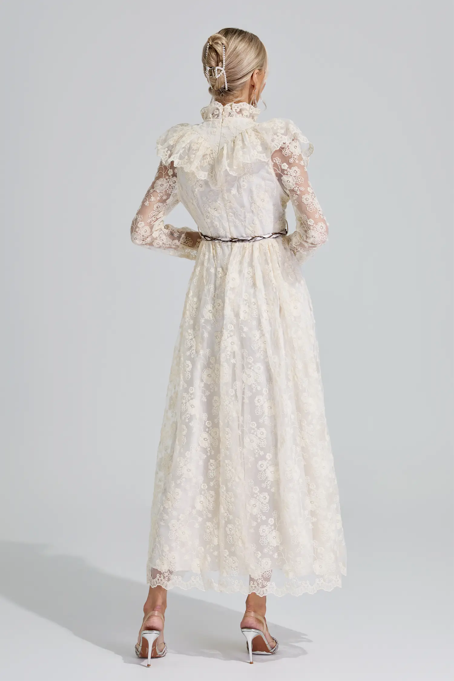 Leah Apricot Stand Collar Lace Dress